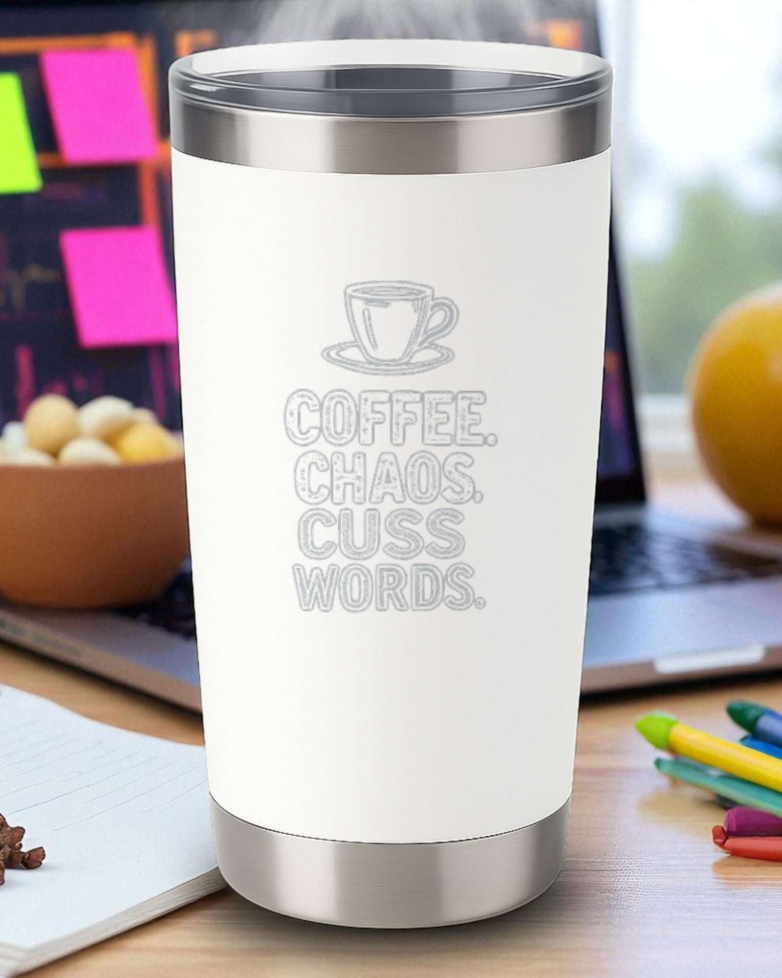 “Coffee. Chaos. Cuss Words.” – Chaotic Coffee Tumbler Ctrl-Alt-Engrave
