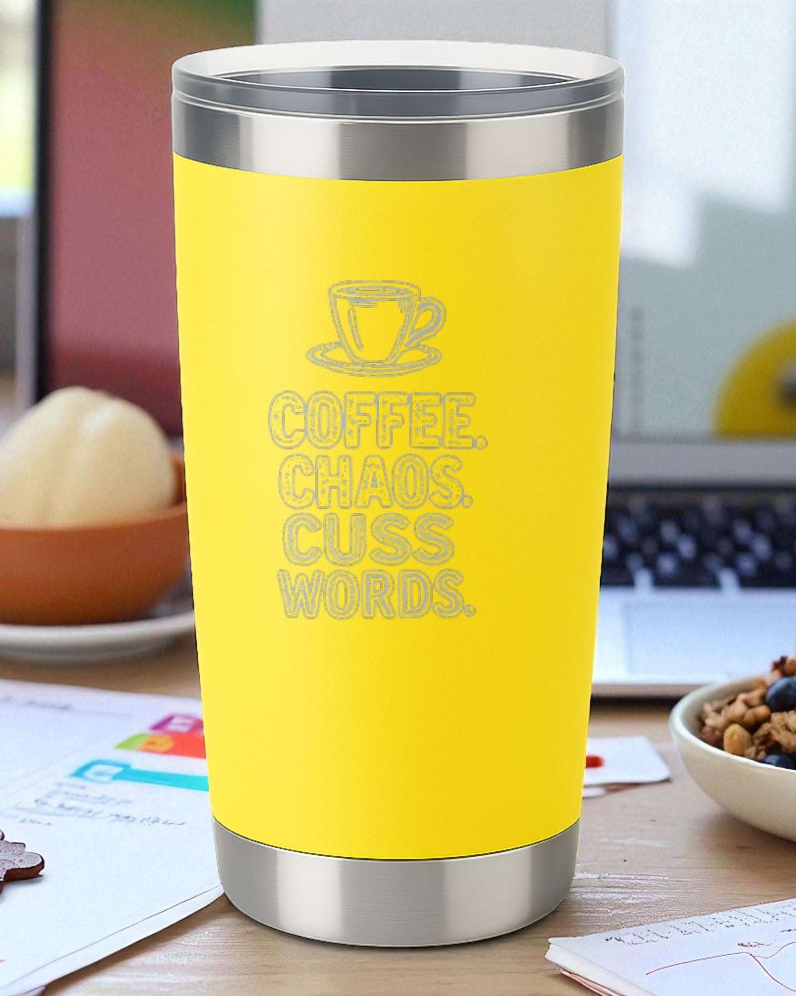 “Coffee. Chaos. Cuss Words.” – Chaotic Coffee Tumbler Ctrl-Alt-Engrave