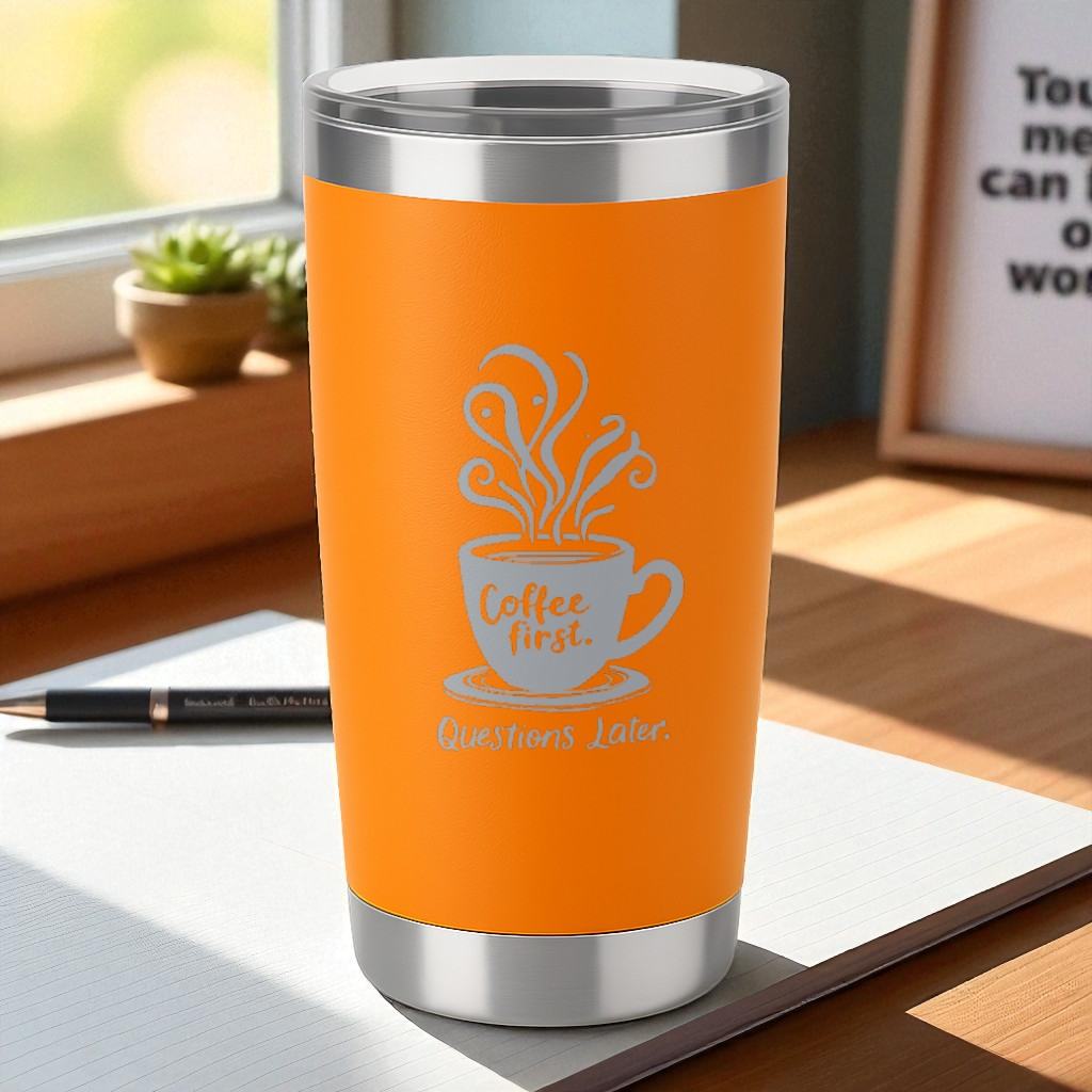 “Coffee First. Questions Later.” – No-Talkie Coffee Tumbler Ctrl-Alt-Engrave