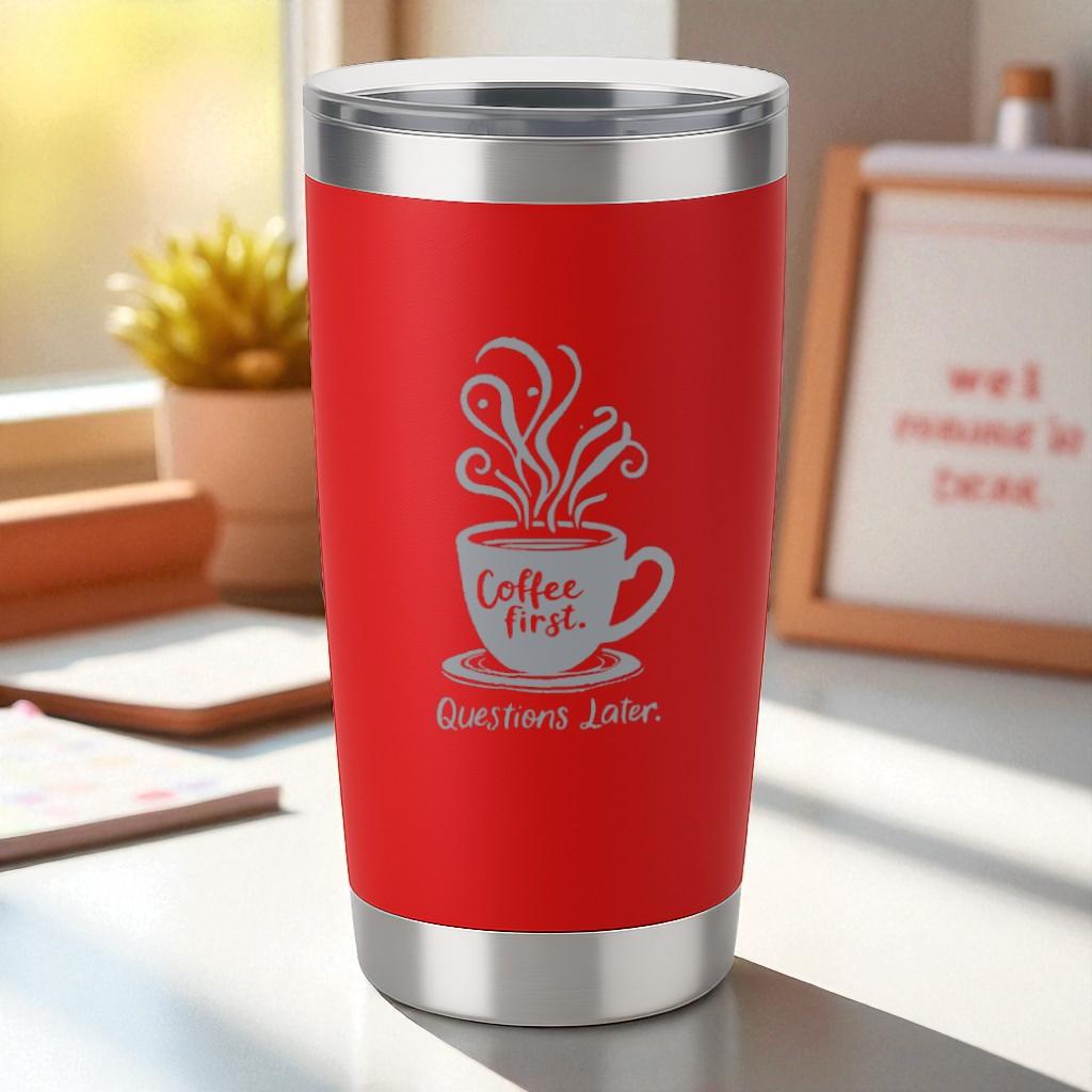 “Coffee First. Questions Later.” – No-Talkie Coffee Tumbler Ctrl-Alt-Engrave