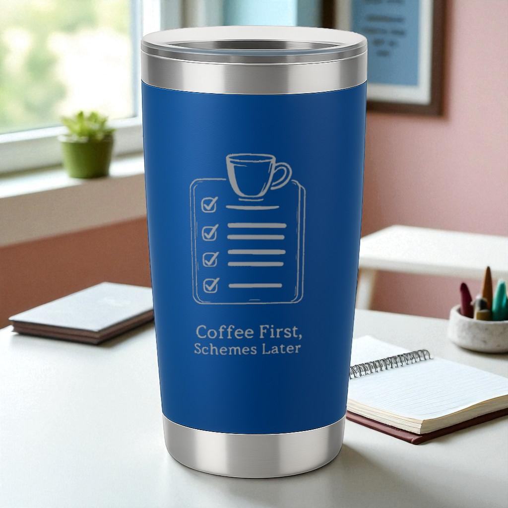 Blue Hustler tumbler with "Coffee First, Schemes Later" text and checklist design for planners and caffeine strategists