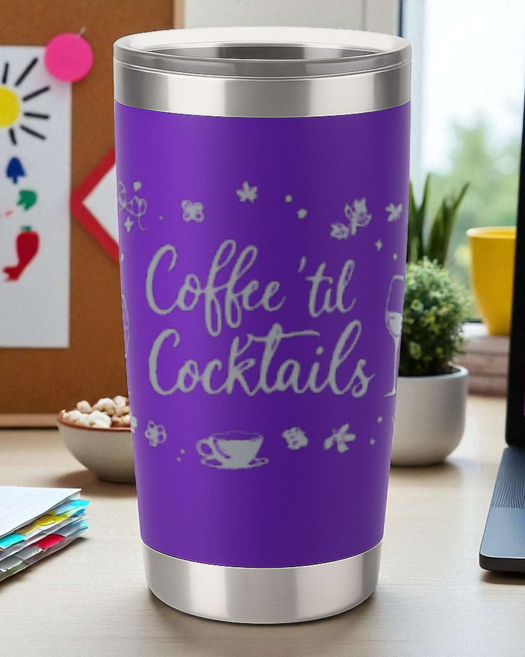 Purple 20oz insulated stainless steel tumbler with laser-engraved "Coffee 'Til Cocktails" design and clear lid.