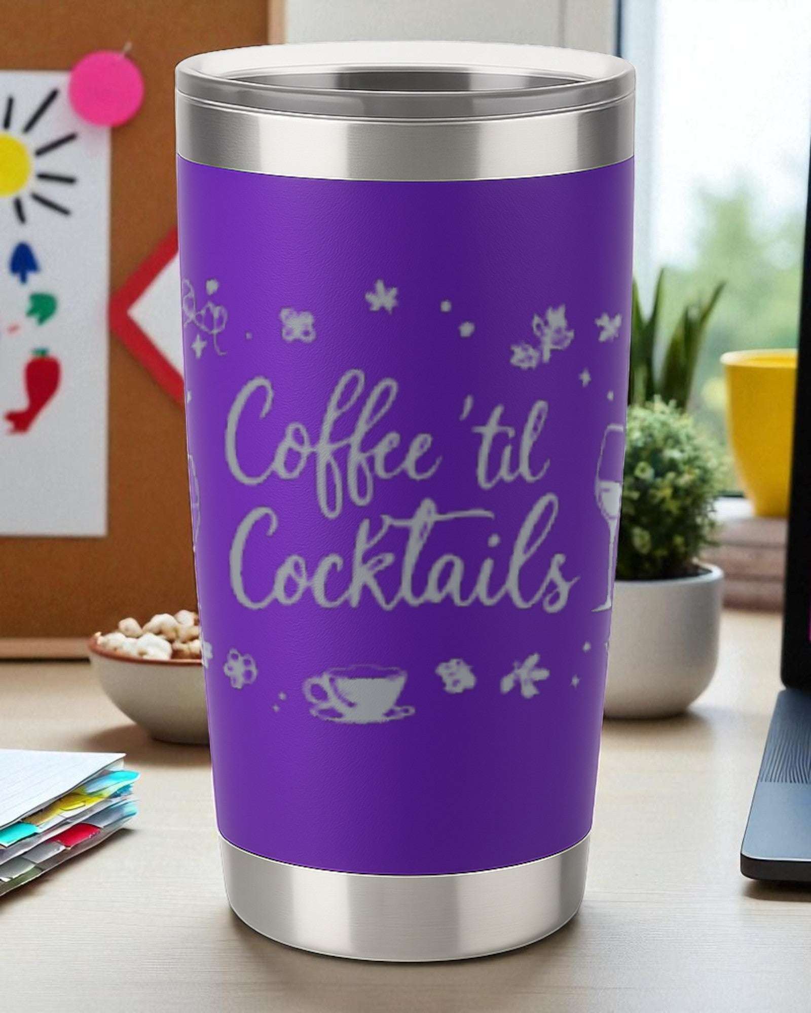 Purple 20oz insulated stainless steel tumbler with laser-engraved "Coffee 'Til Cocktails" design and clear lid.