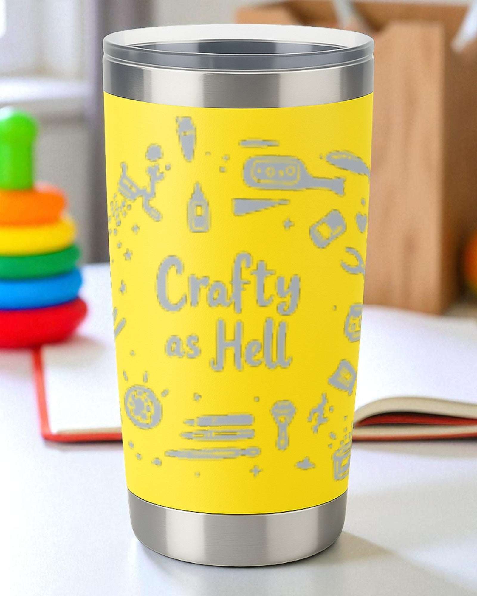 Yellow stainless steel tumbler with "Crafty as Hell" text and DIY tools design for creative makers