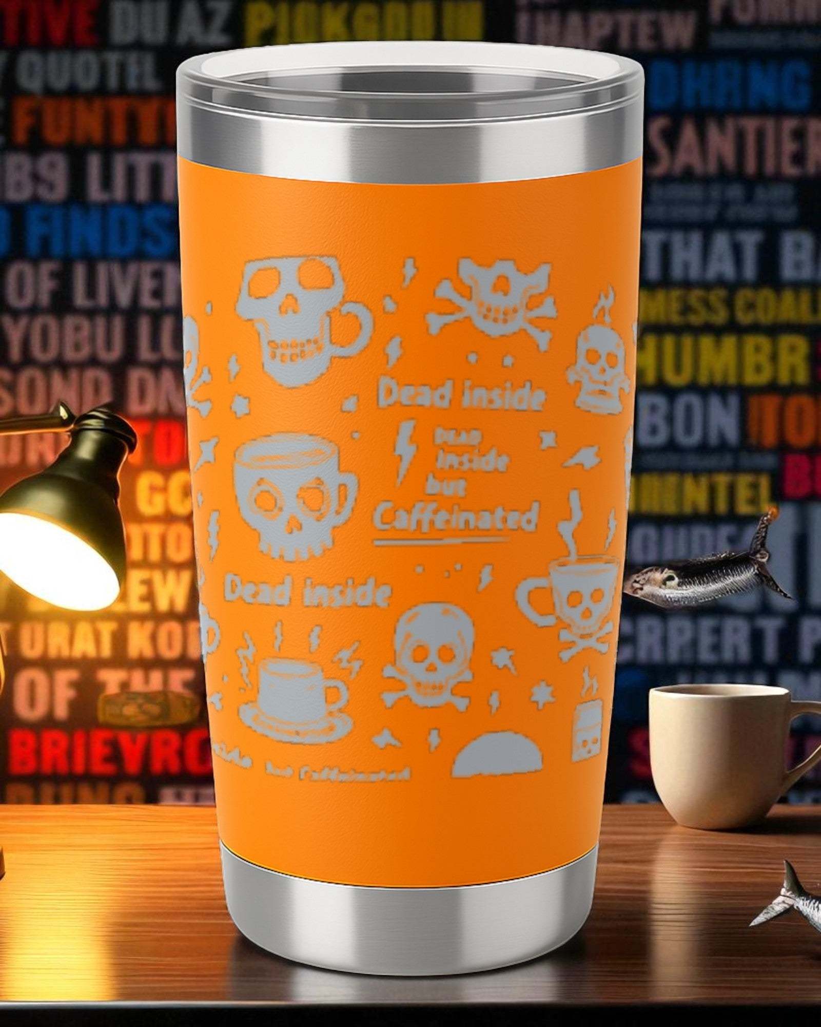 Orange dark humor tumbler with skull and coffee designs and "Dead inside but caffeinated" text