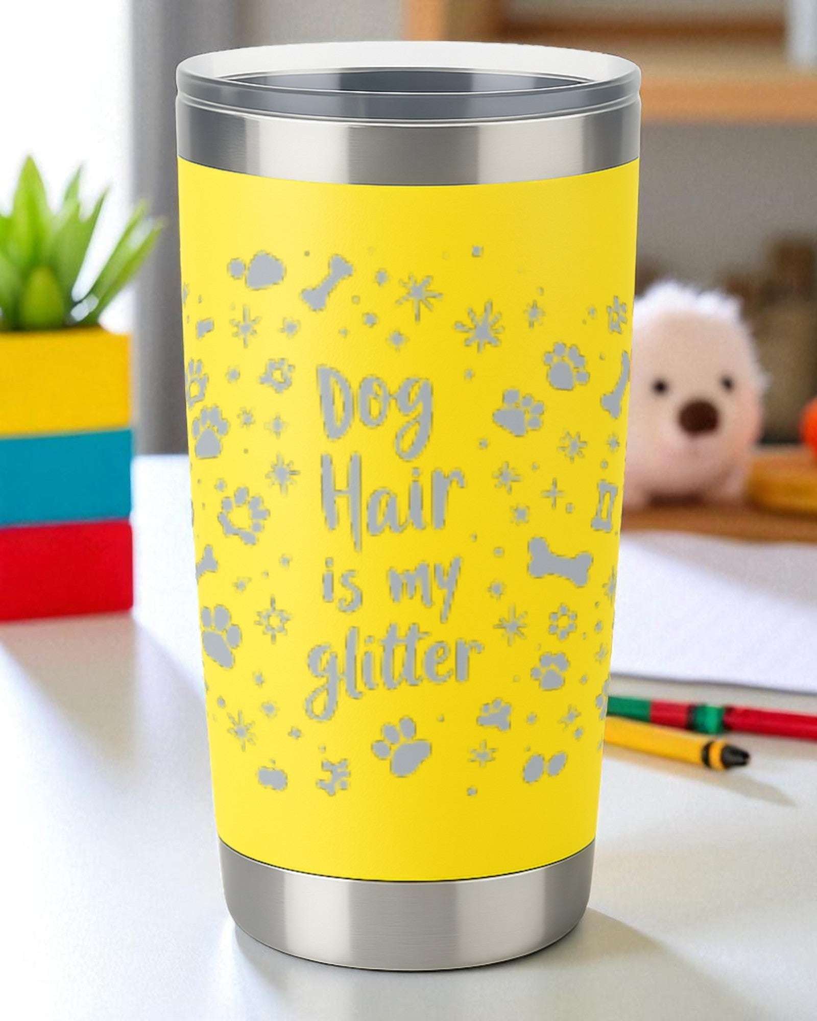 Yellow 360 wrap tumbler with "Dog Hair is My Glitter" engraved text and paw print design for pet lovers