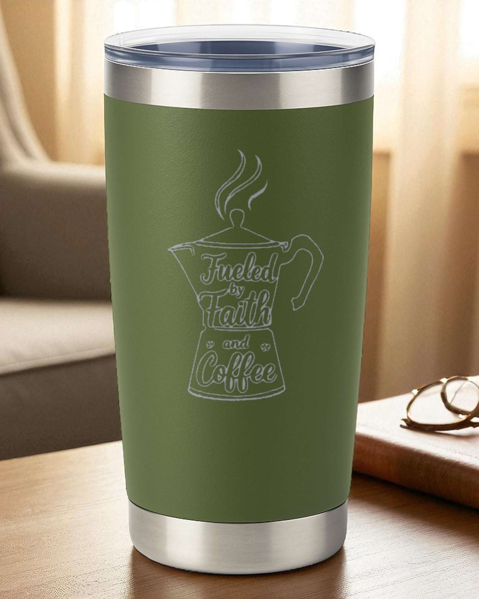 Fueled by Faith & Coffee – 20oz Laser Engraved Tumbler Ctrl-Alt-Engrave