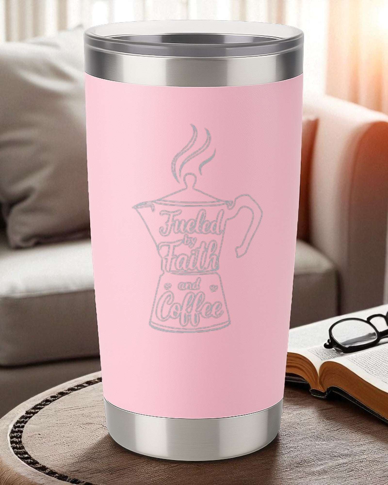 Fueled by Faith & Coffee – 20oz Laser Engraved Tumbler Ctrl-Alt-Engrave