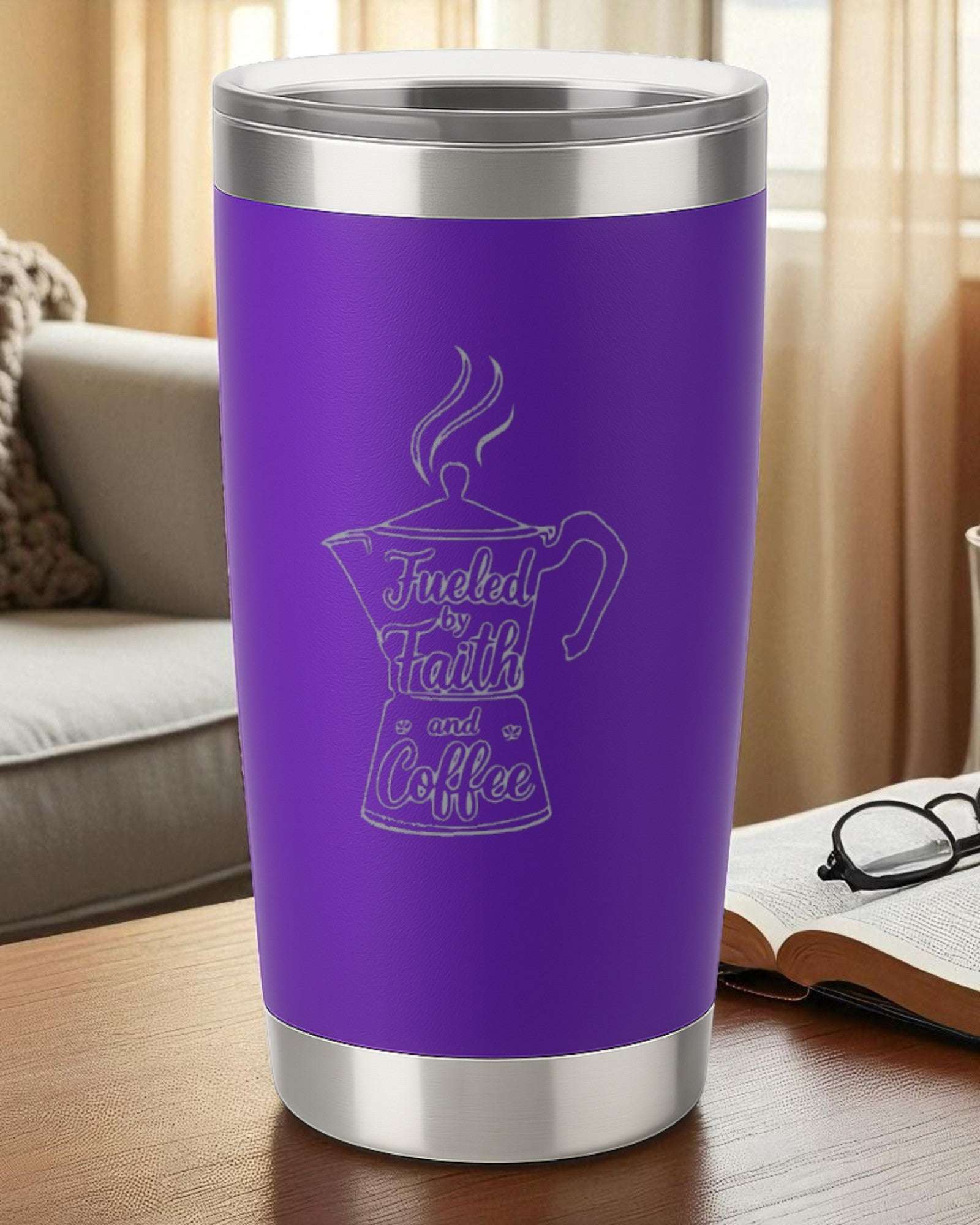 Fueled by Faith & Coffee – 20oz Laser Engraved Tumbler Ctrl-Alt-Engrave