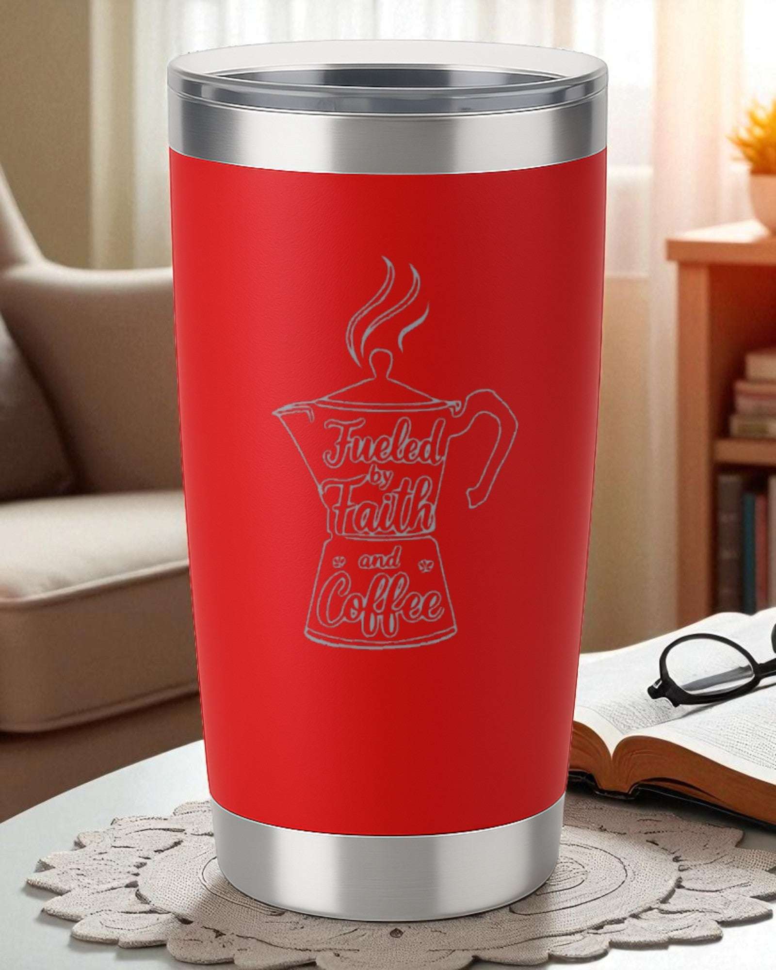 Fueled by Faith & Coffee – 20oz Laser Engraved Tumbler Ctrl-Alt-Engrave