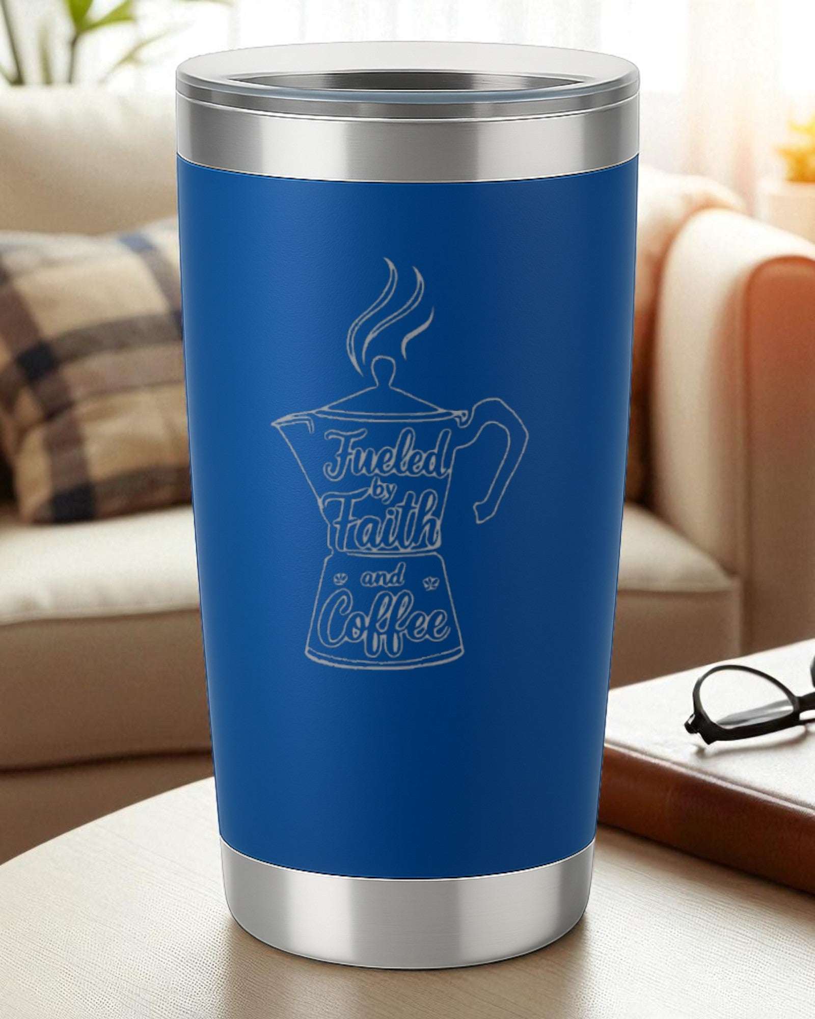 Fueled by Faith & Coffee – 20oz Laser Engraved Tumbler Ctrl-Alt-Engrave