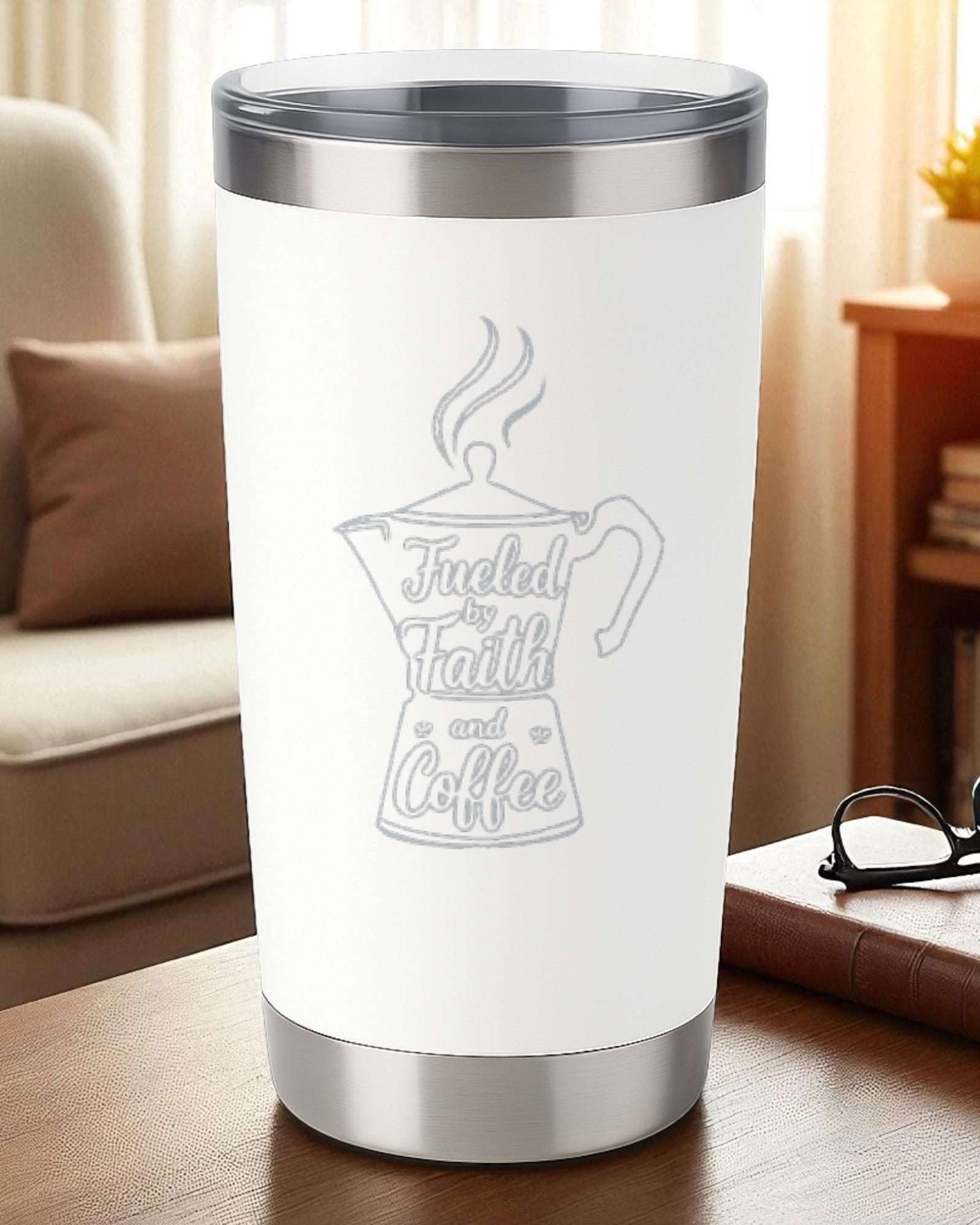 Fueled by Faith & Coffee – 20oz Laser Engraved Tumbler Ctrl-Alt-Engrave
