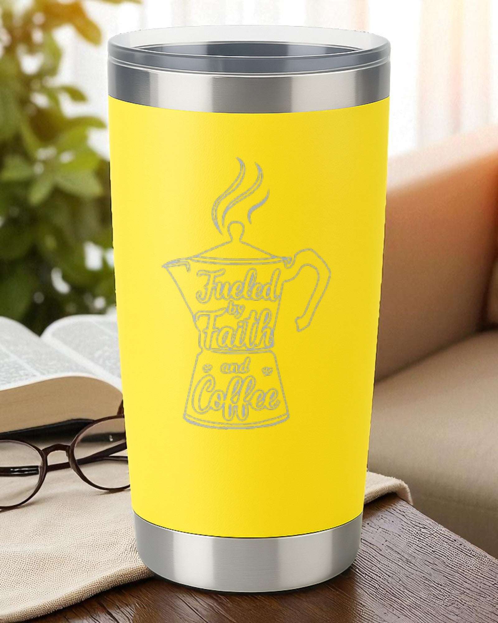 Fueled by Faith & Coffee – 20oz Laser Engraved Tumbler Ctrl-Alt-Engrave