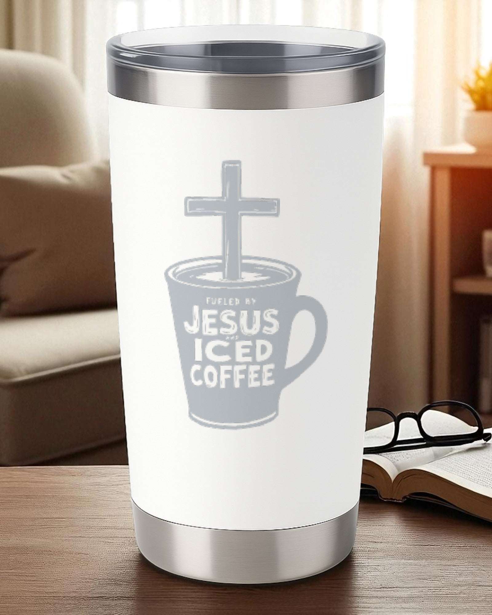 Faith Tumbler – "Fueled by Jesus and Iced Coffee" Ctrl-Alt-Engrave