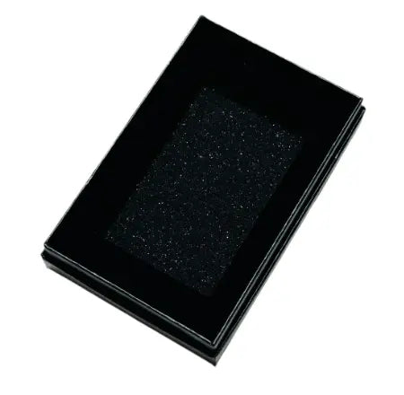 Blacked-out box packaging of the engraved metal money clip wallet.