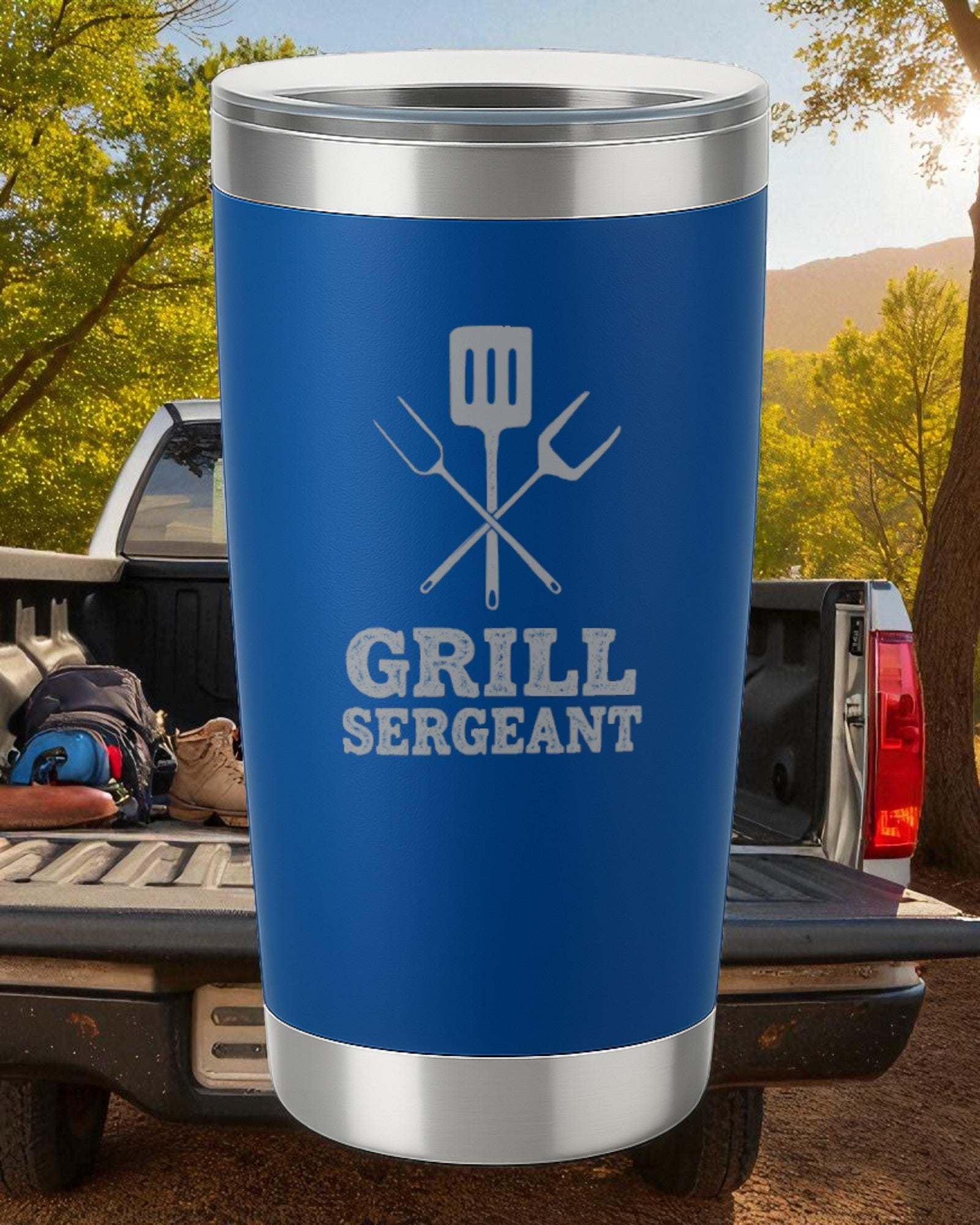 Blue BBQ Tumbler engraved with grill tools and "Grill Sergeant" text, perfect for backyard grilling enthusiasts