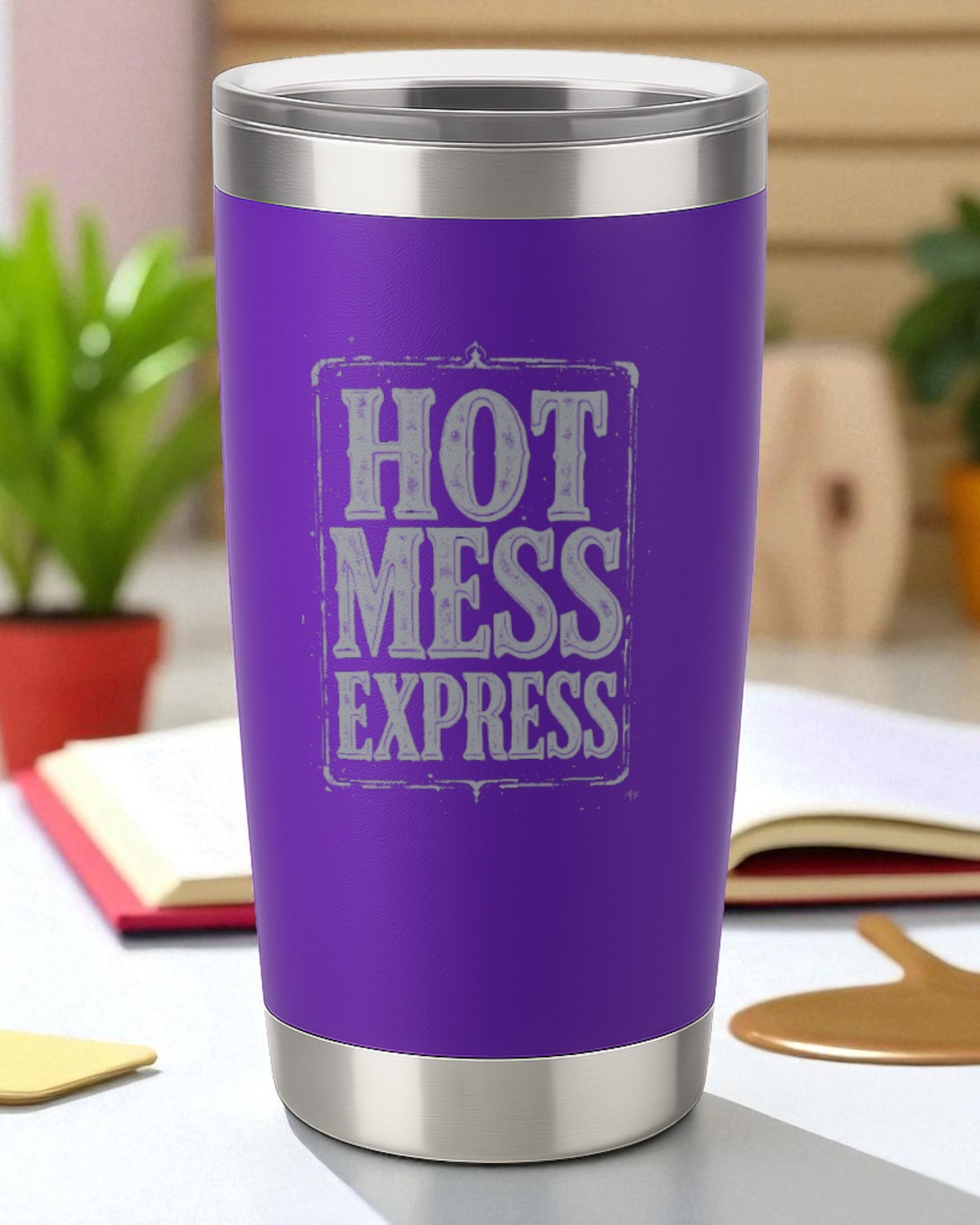 Purple stainless steel tumbler with "Hot Mess Express" sarcastic text for coffee lovers
