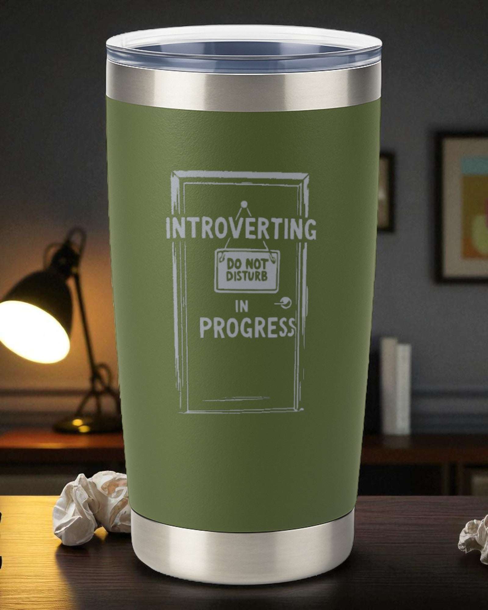 20oz engraved tumbler with "Introverting in Progress" design in green double-wall stainless steel with clear lid.