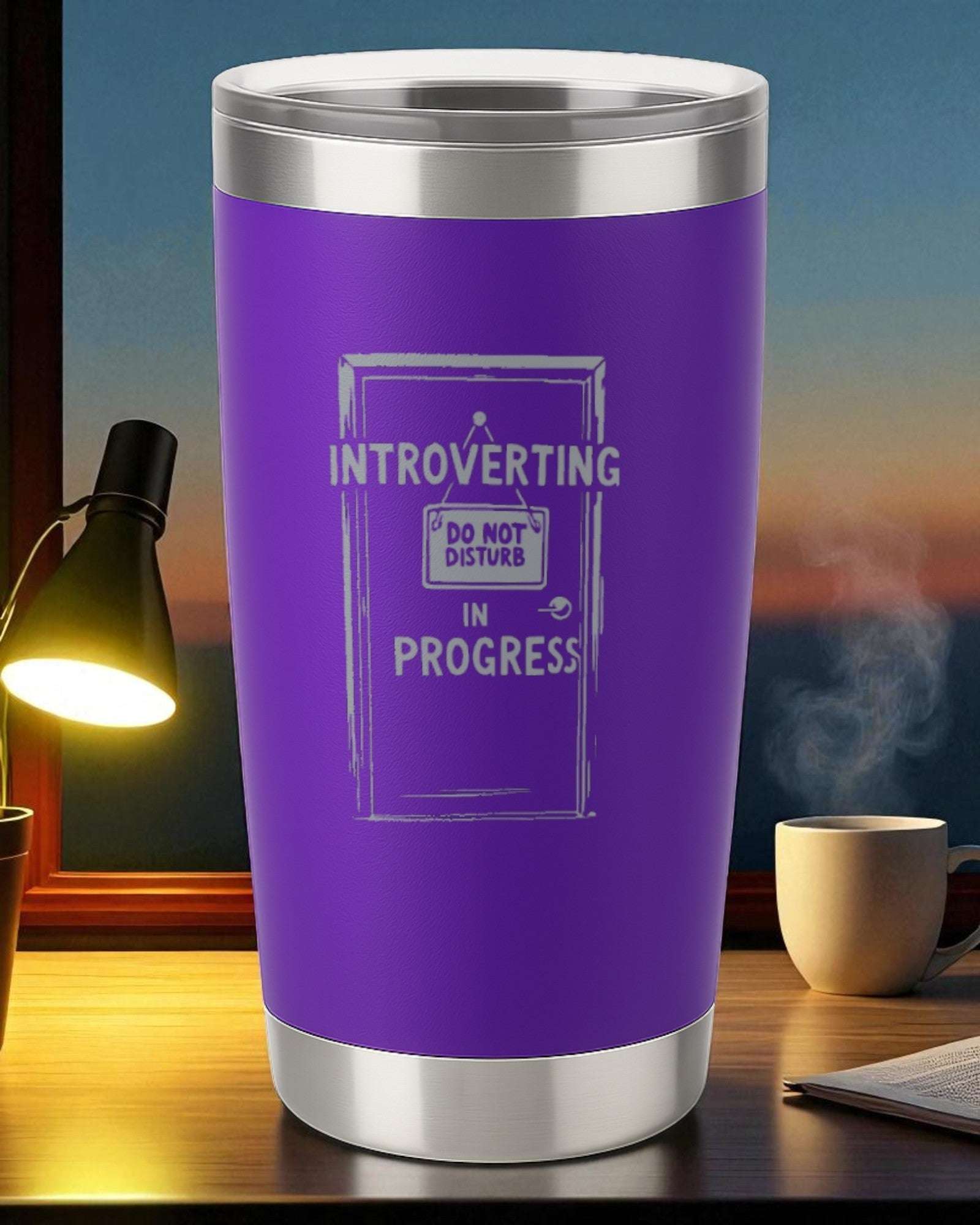 20oz purple engraved stainless steel tumbler with "Introverting in Progress" design and clear slider lid