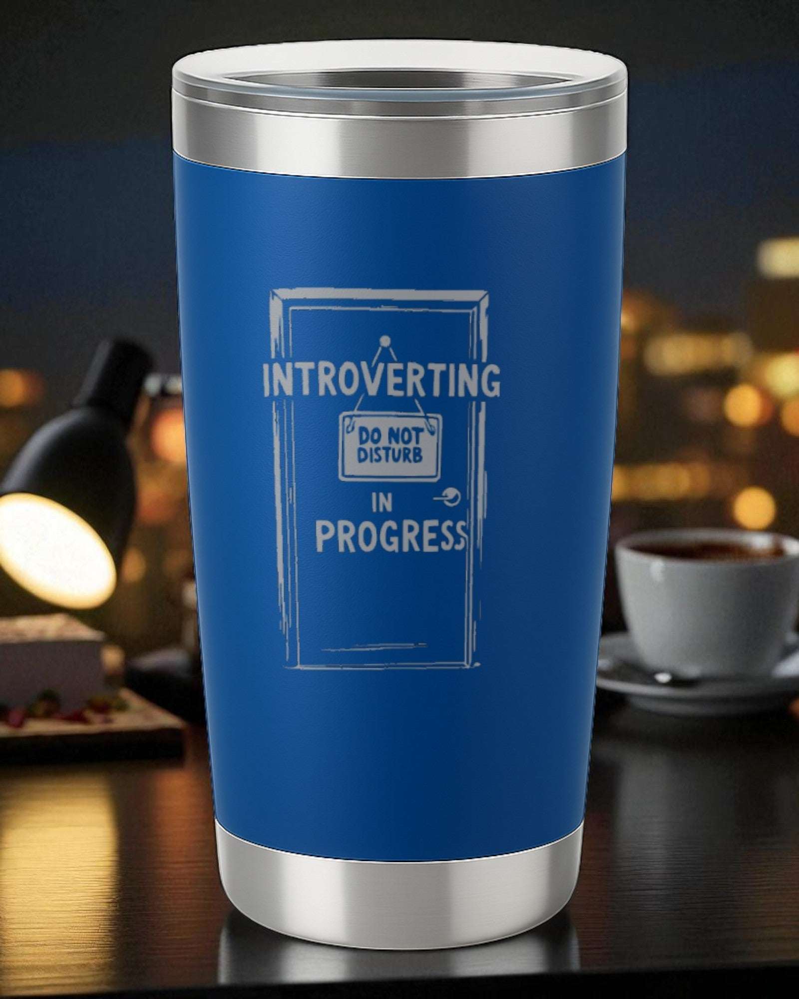 Blue 20oz engraved stainless steel tumbler with "Introverting in Progress" and "Do Not Disturb" door design.