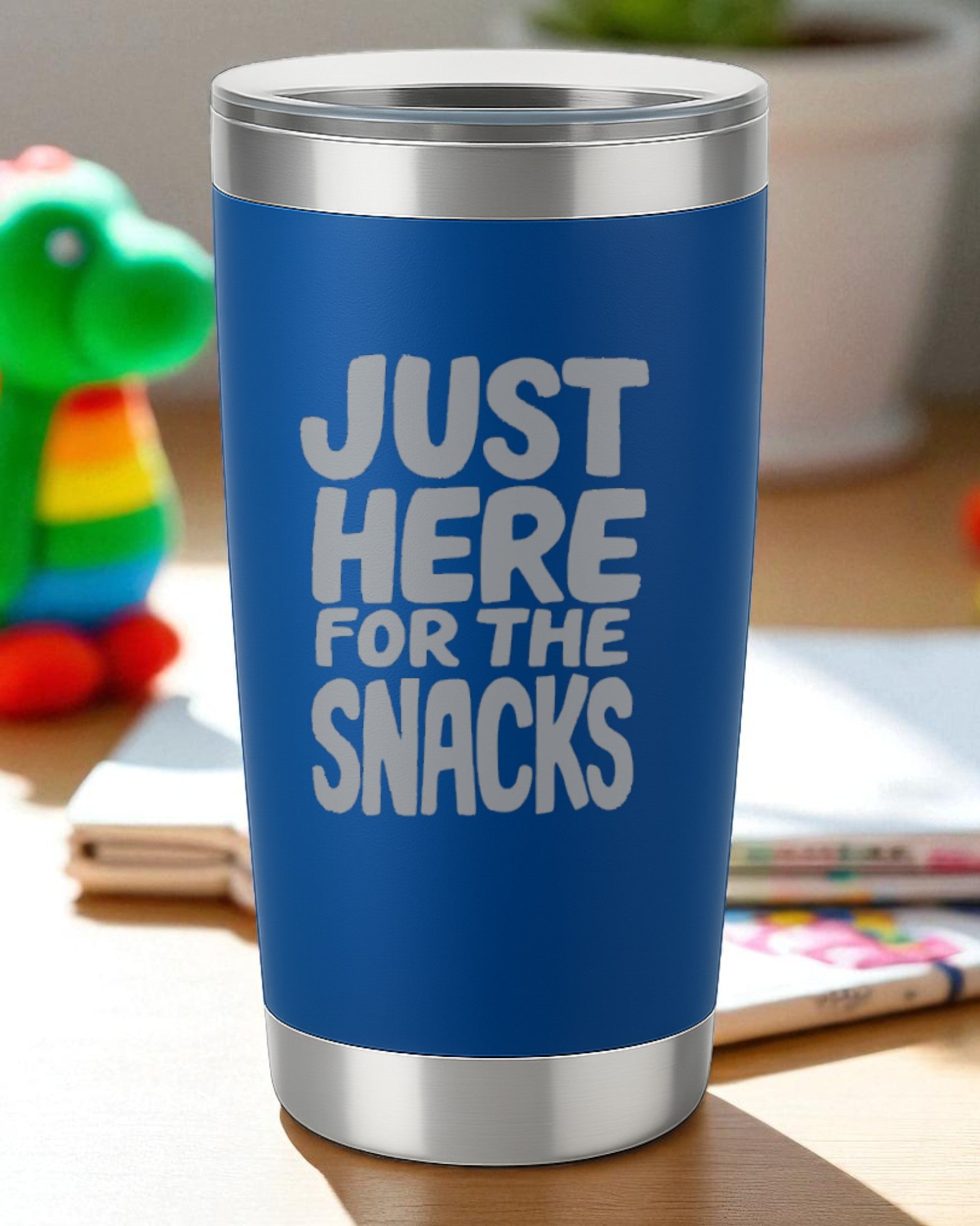 Blue tumbler with "Just Here for the Snacks" text, perfect gift for snack lovers