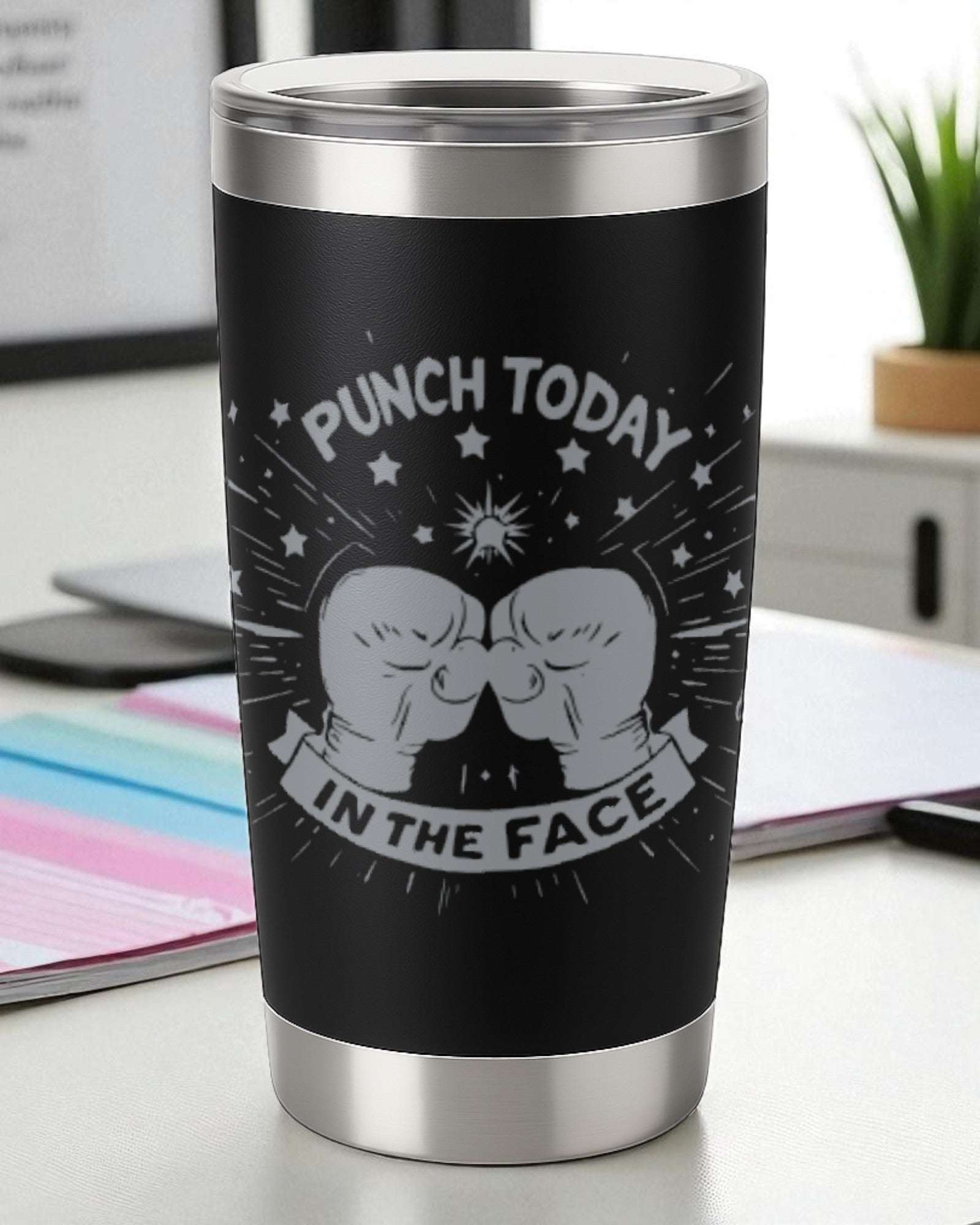 Black stainless steel tumbler with "Punch Today in the Face" boxing gloves design for high energy and caffeine kickstart