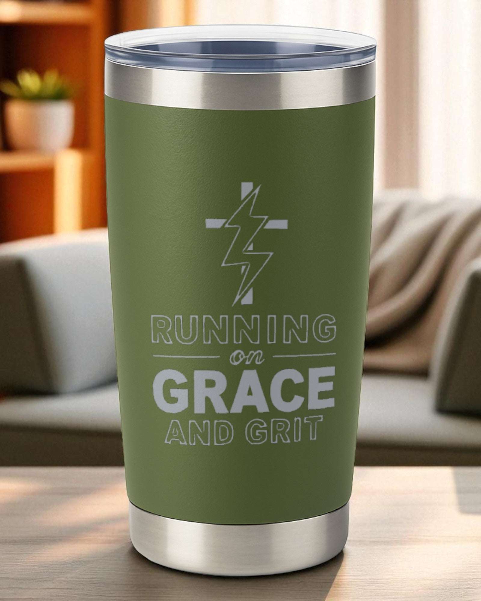 20oz green powder-coated tumbler engraved with "Running on Grace and Grit" and lightning cross design