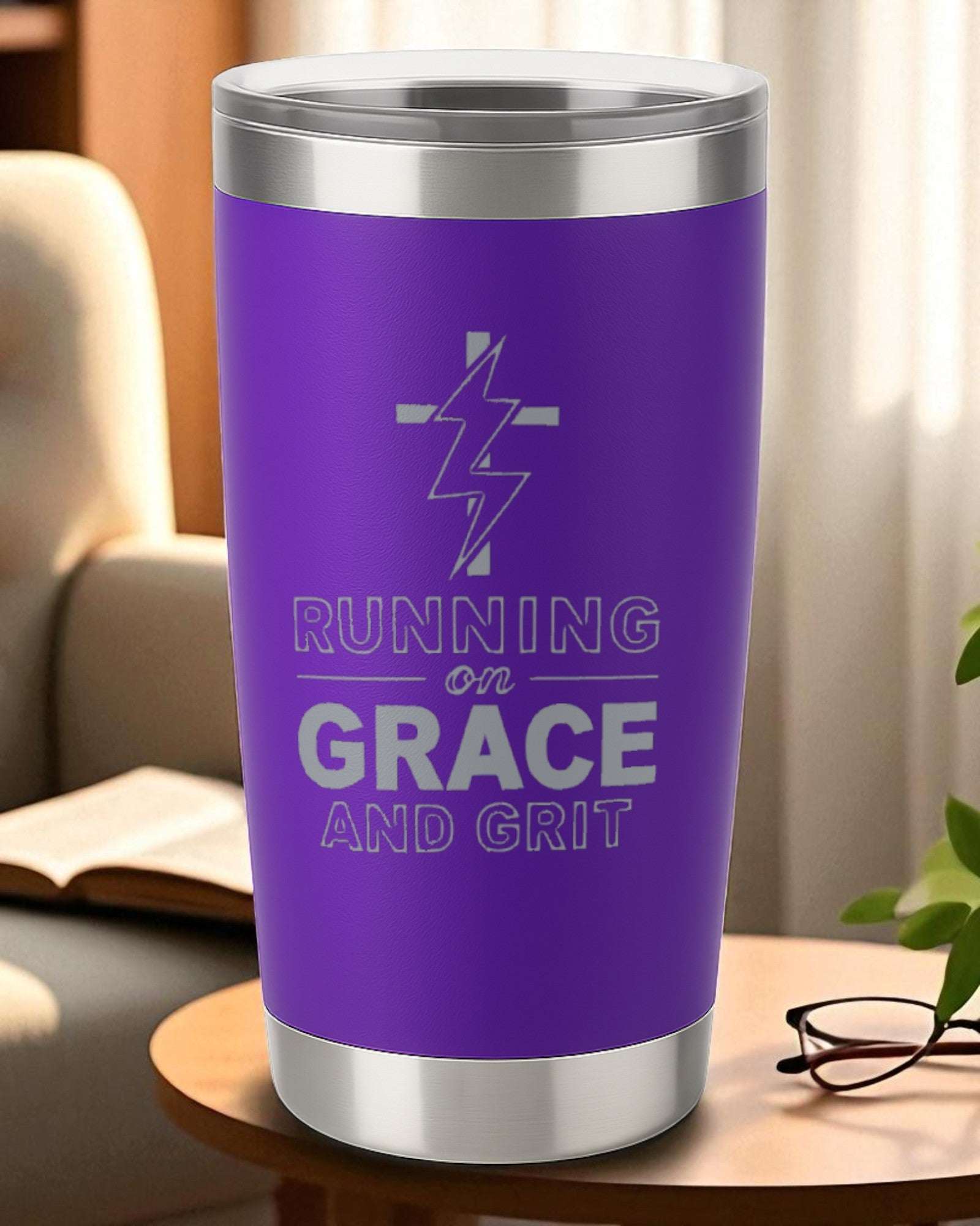 Purple 20oz engraved tumbler with "Running on Grace and Grit" design and double-wall vacuum insulation