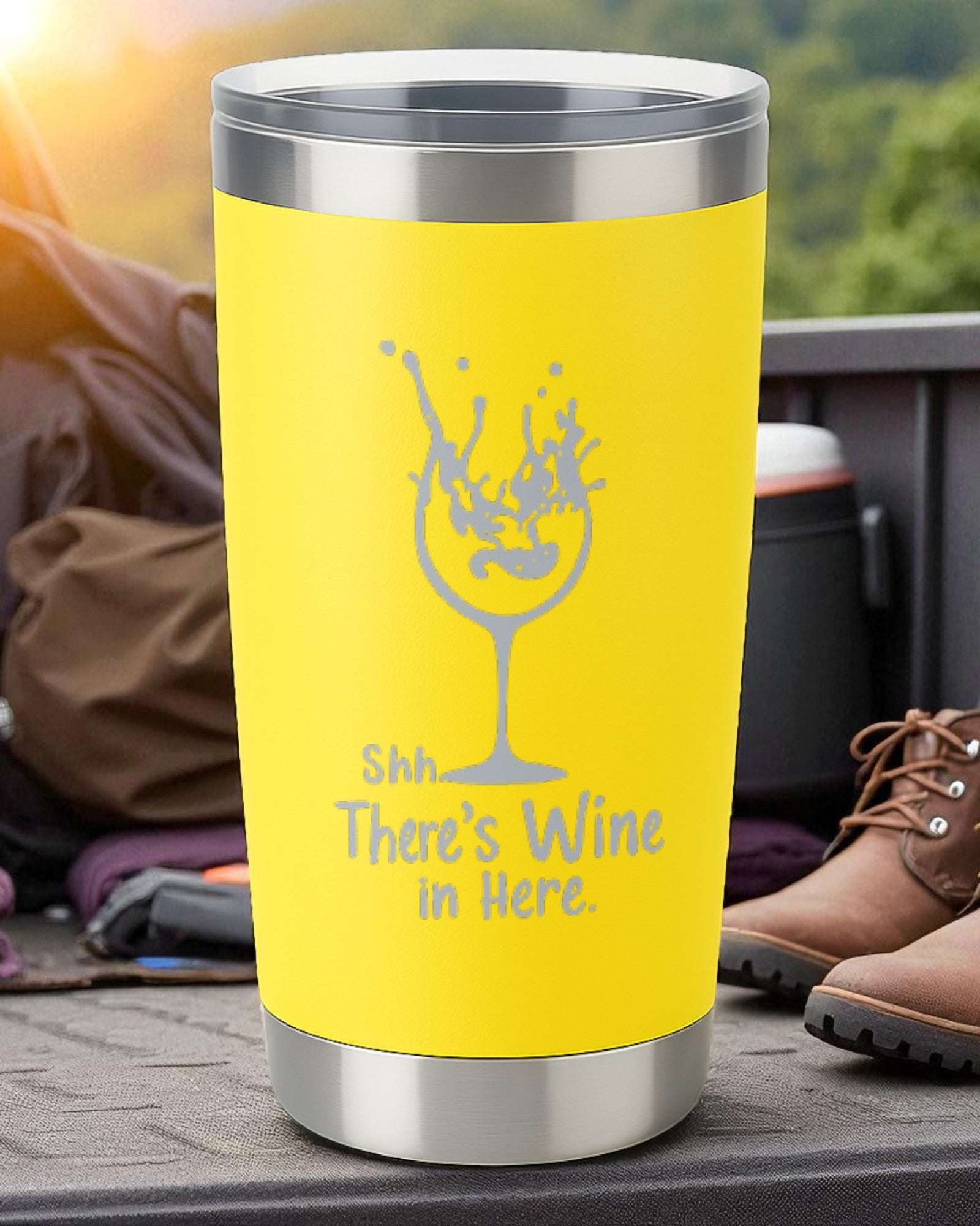 Yellow 20oz stainless steel tumbler with engraved "Shhh… There’s Wine in Here" text and wine glass design