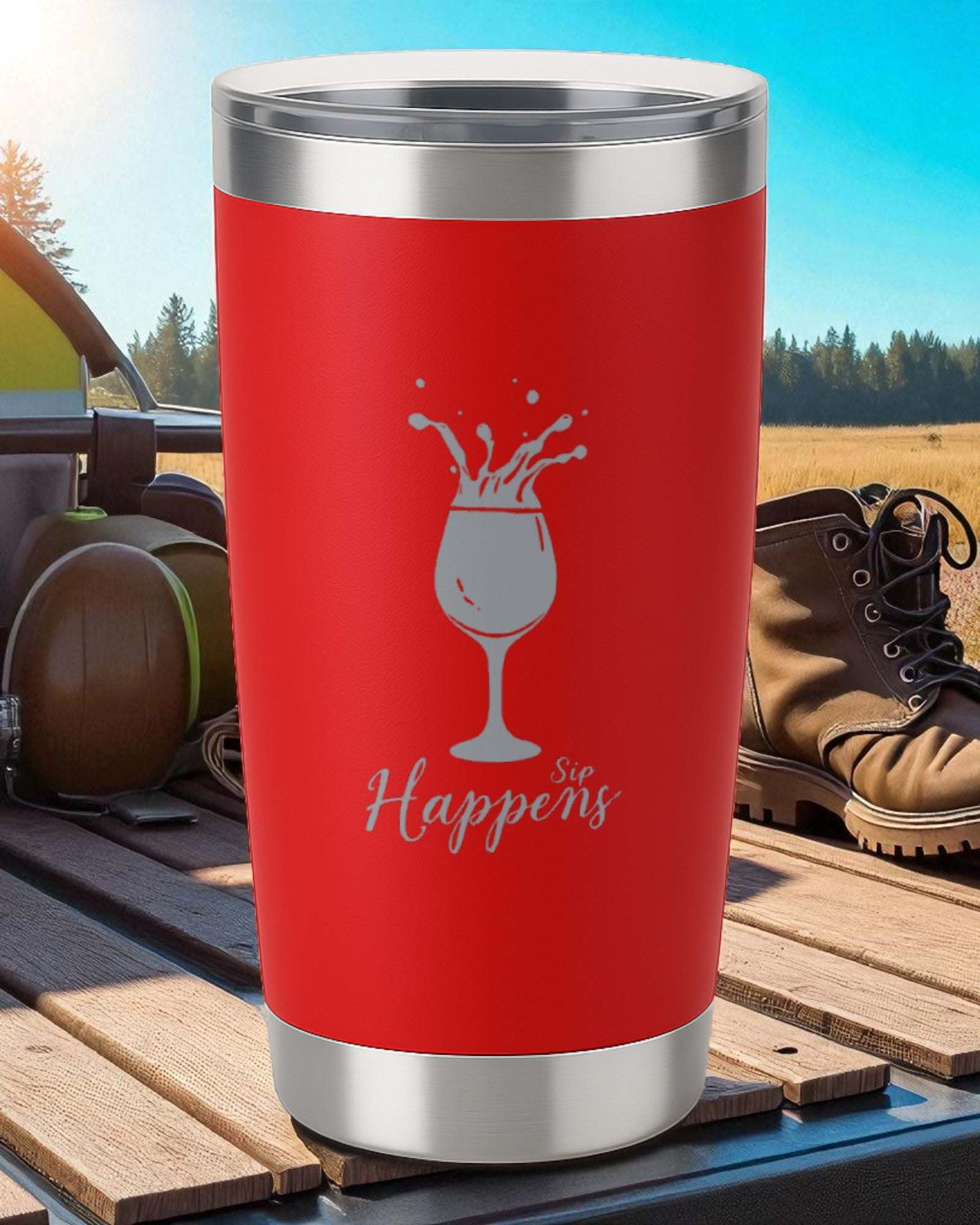 Red 20oz insulated tumbler with "Sip Happens" laser-engraved design and clear slide lid