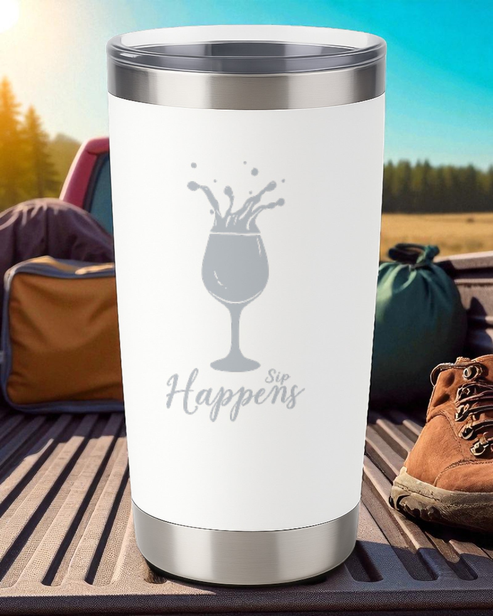 20oz white insulated tumbler with clear lid, laser-engraved "Sip Happens" text and wine glass design, outdoors background
