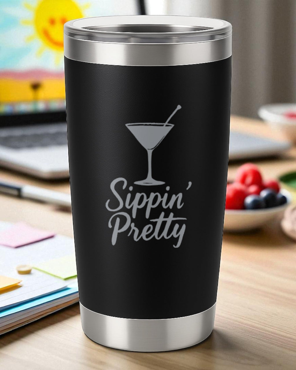 20oz black stainless steel tumbler engraved with "Sippin' Pretty" and a martini glass graphic, double-walled insulated with clear lid