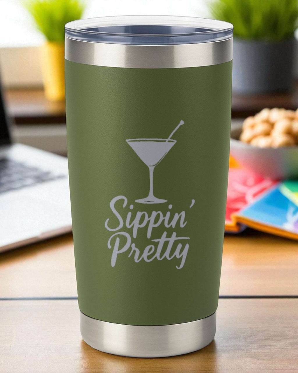 Sippin’ Pretty 20oz green stainless steel tumbler with engraved martini glass and clear lid for insulated drinks