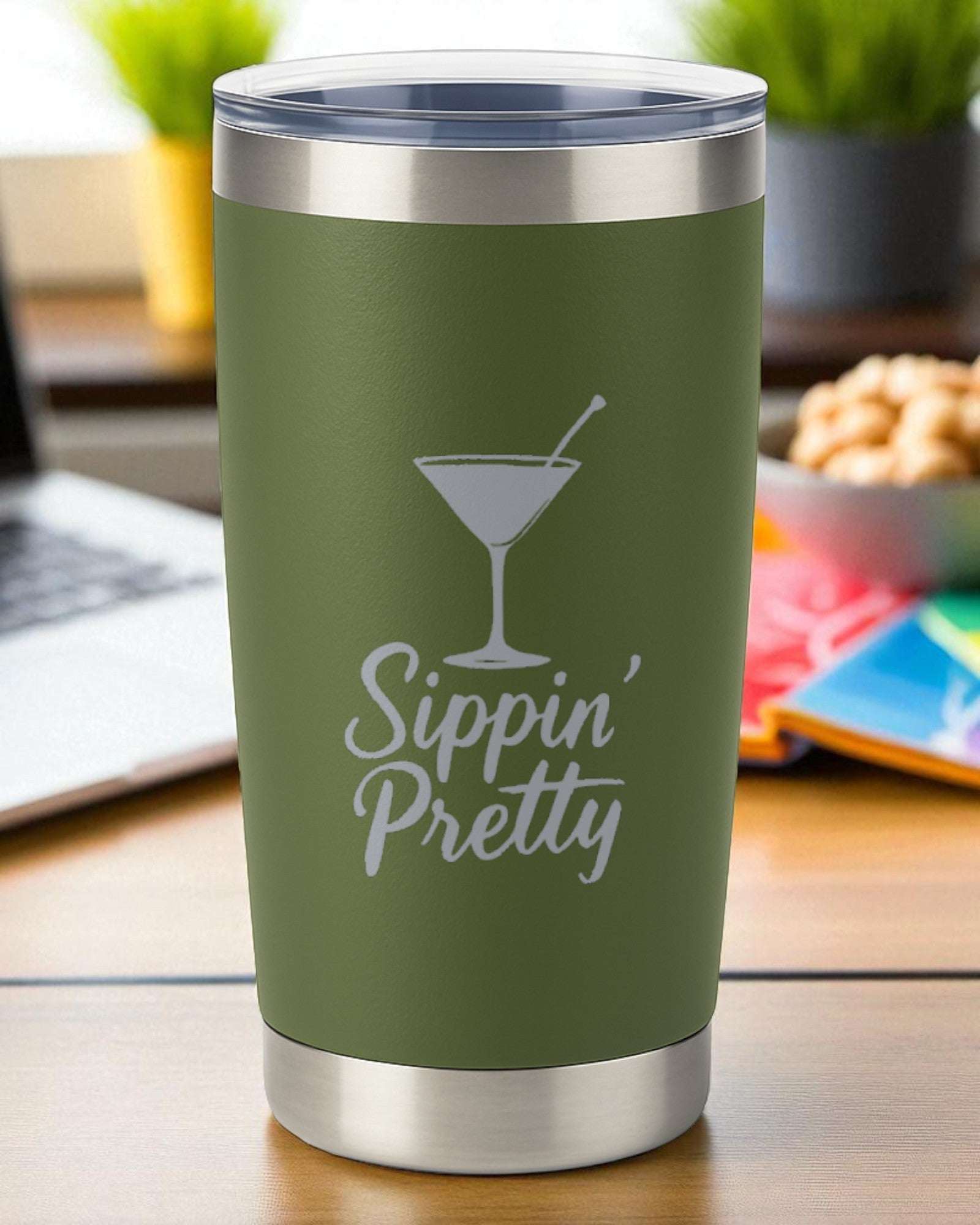 Sippin’ Pretty 20oz green stainless steel tumbler with engraved martini glass and clear lid for insulated drinks
