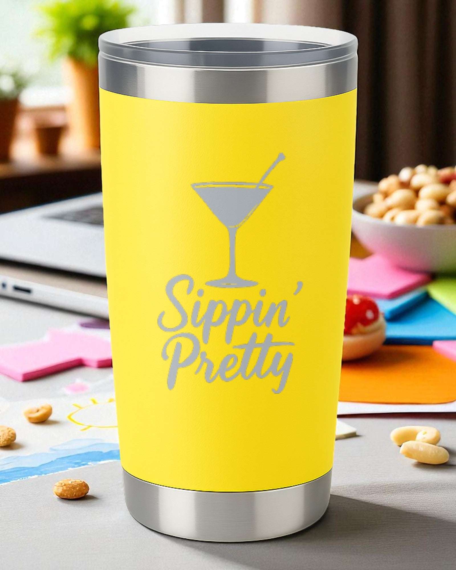 Yellow 20oz stainless steel tumbler with "Sippin' Pretty" engraved text and martini glass design, double-walled insulation.