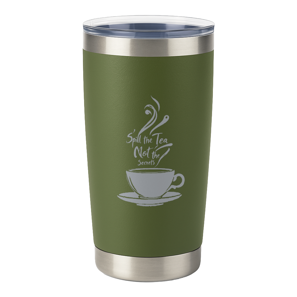 20oz green insulated tumbler with "Spill the Tea Not the Secrets" laser-engraved design and clear slider lid