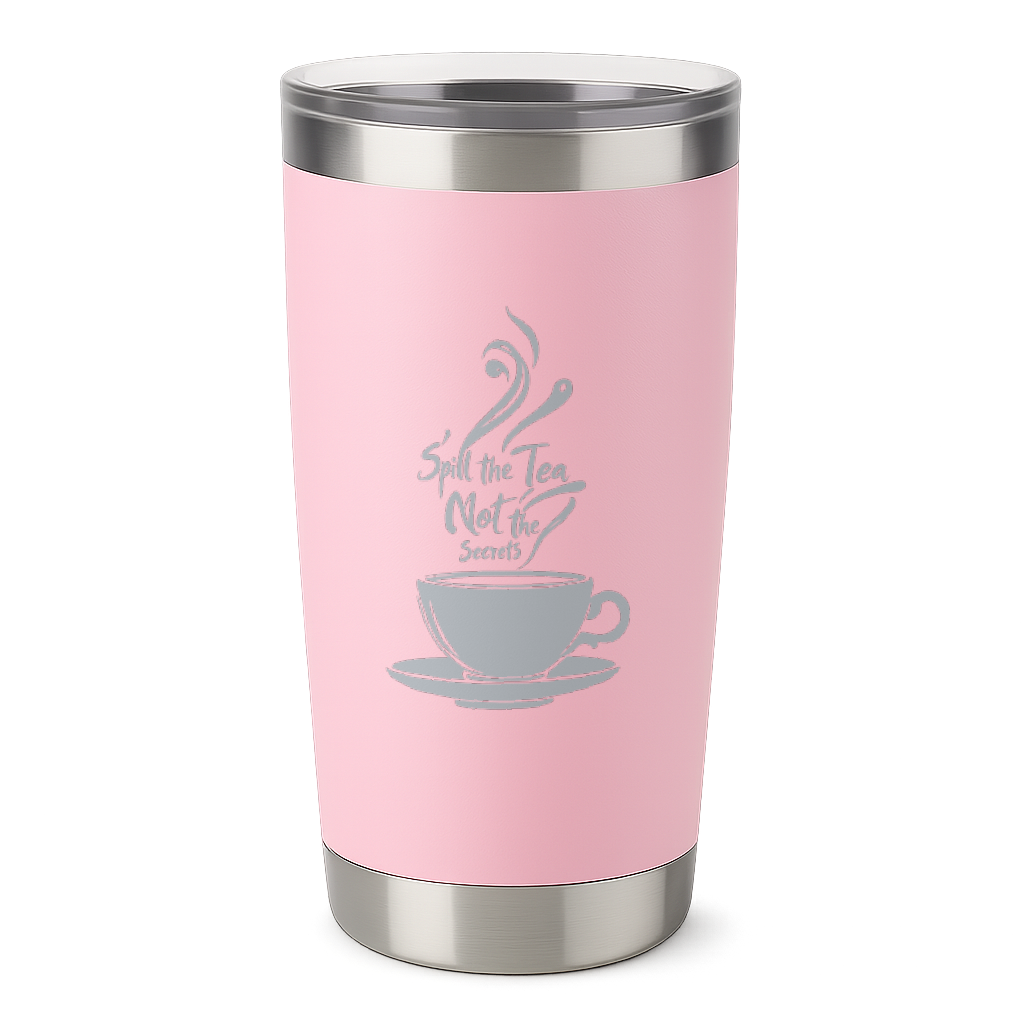 20oz pink insulated tumbler with "Spill the Tea, Not the Secrets" laser-engraved design and clear slider lid