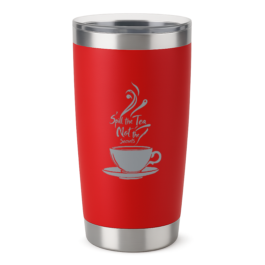 20oz red insulated tumbler with "Spill the Tea, Not the Secrets" laser-engraved design and clear slider lid