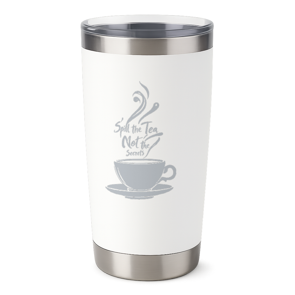 20oz white insulated tumbler with "Spill the Tea Not the Secrets" laser-engraved design and clear slider lid