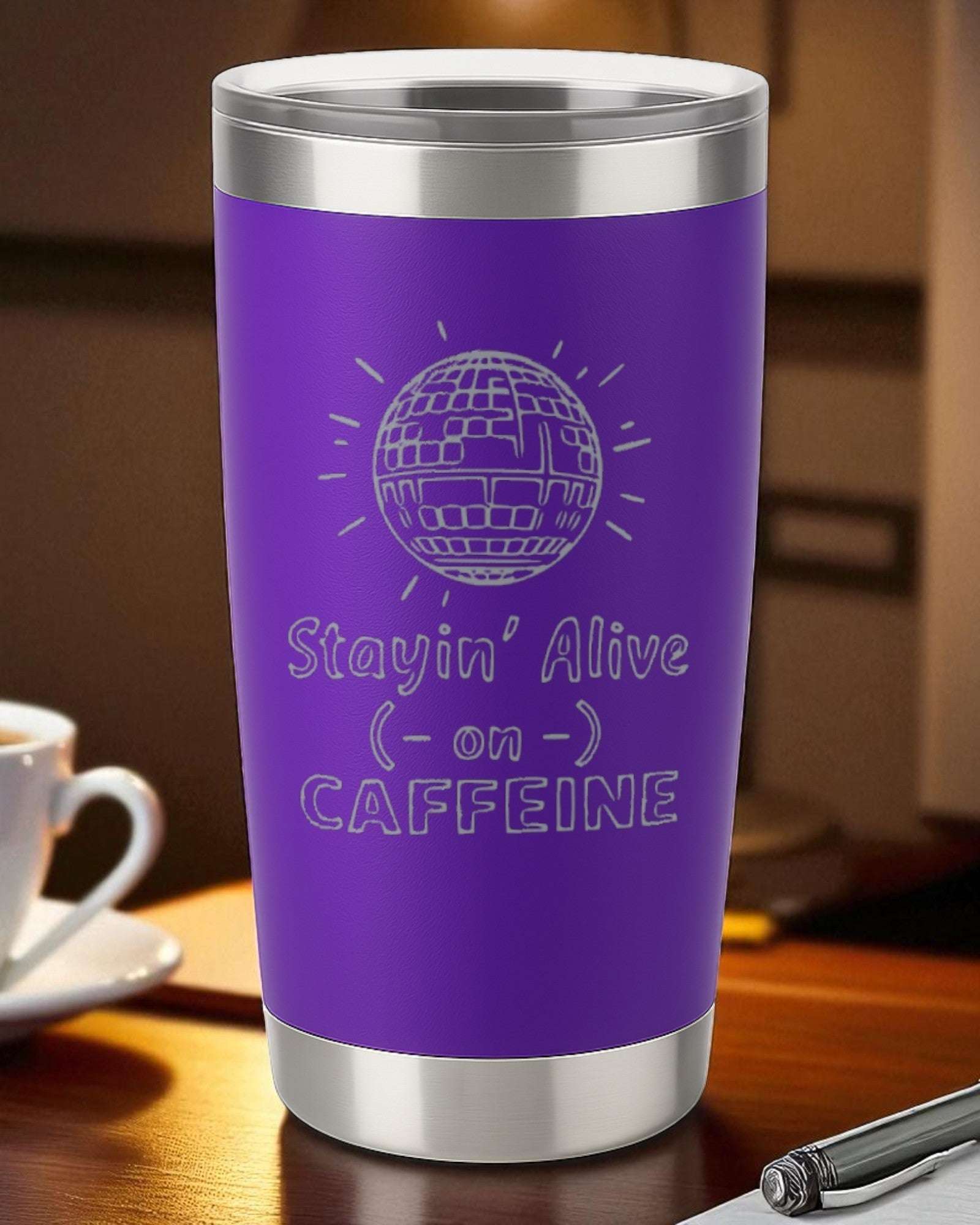 Purple 20oz retro coffee tumbler with "Stayin' Alive on Caffeine" laser engraving and stainless steel vacuum insulation
