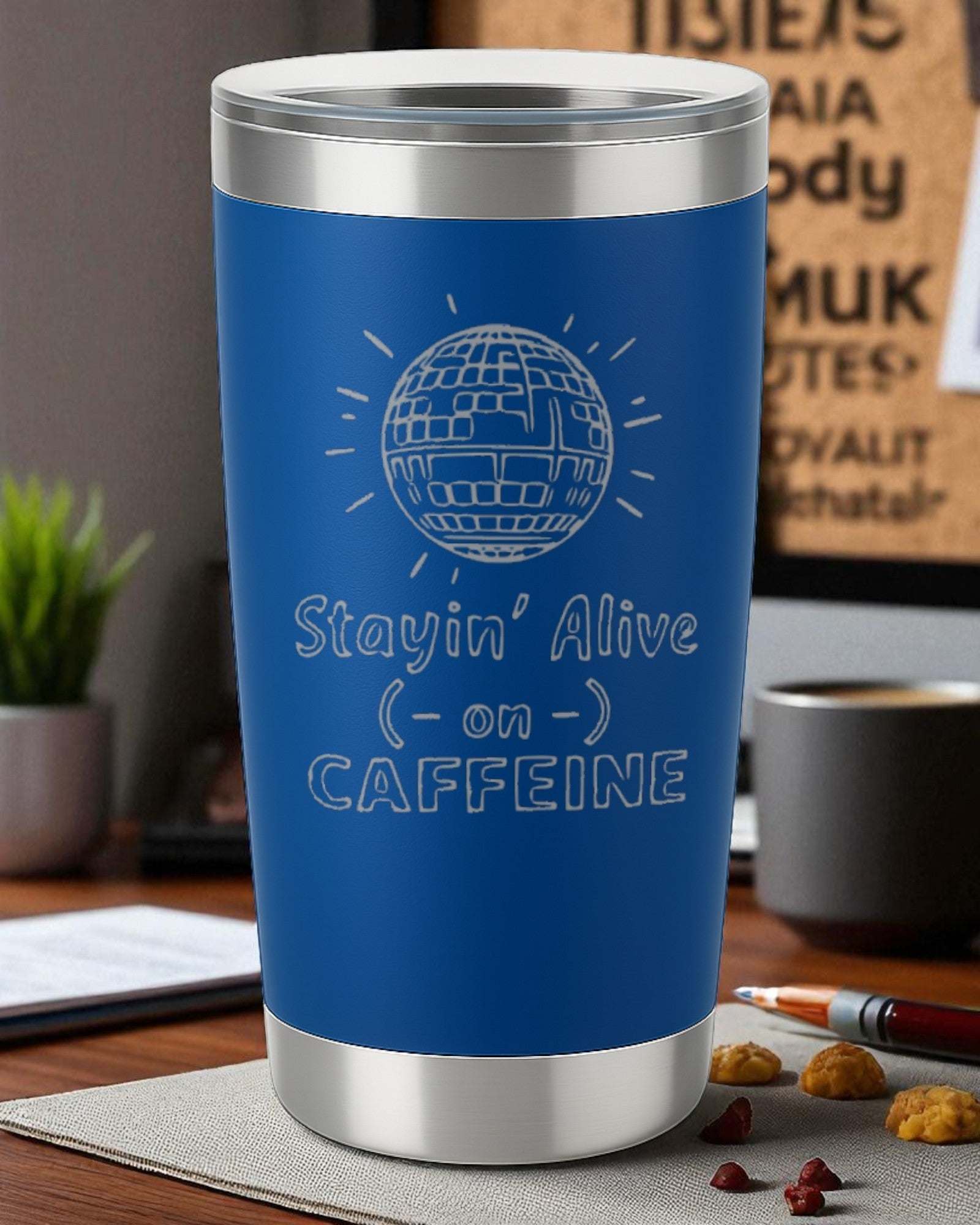 20oz blue retro coffee tumbler with Stayin' Alive on Caffeine laser-engraved design, stainless steel, vacuum-insulated with clear lid