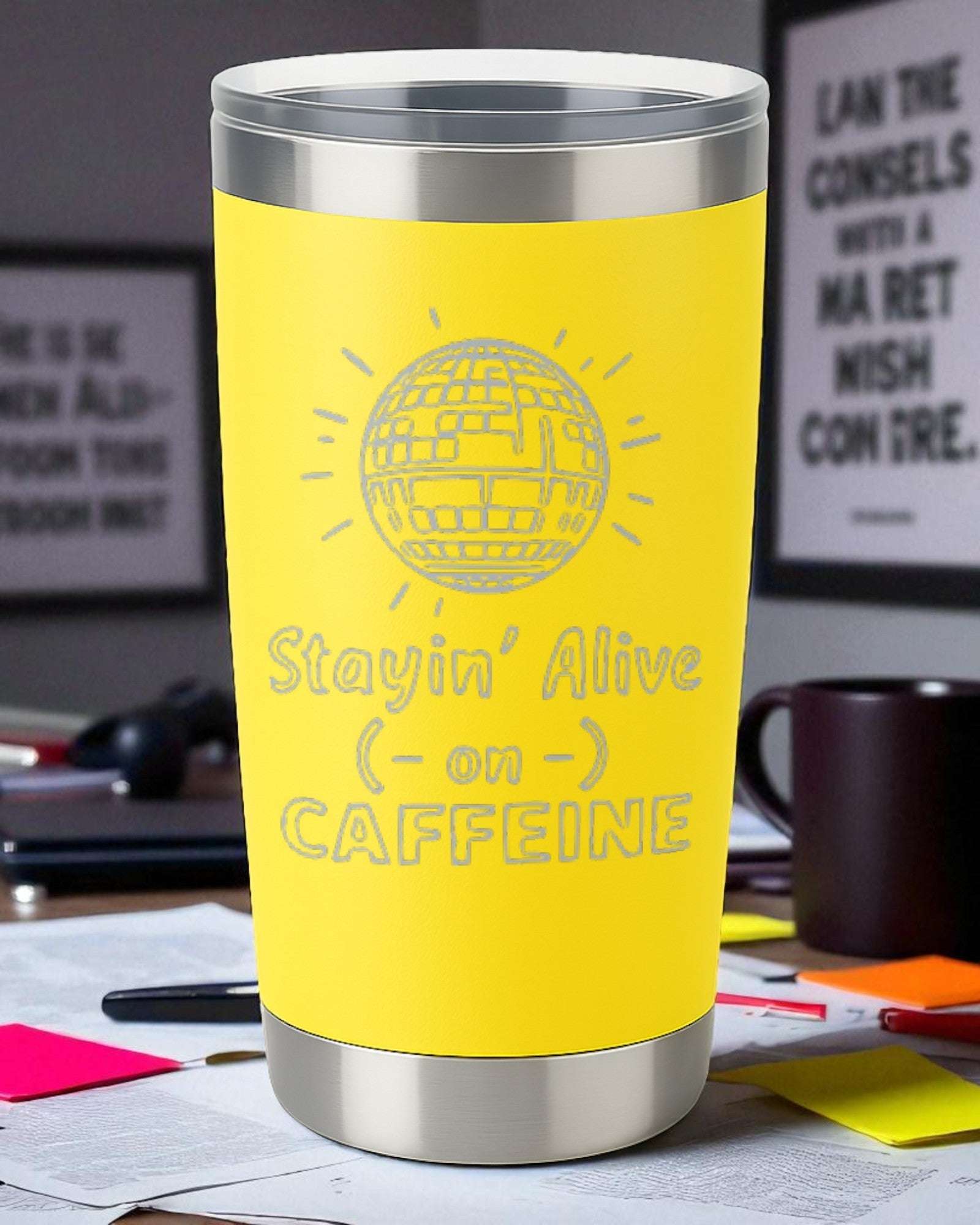 20oz yellow stainless steel retro coffee tumbler engraved with Stayin' Alive on Caffeine text and disco ball design with clear lid