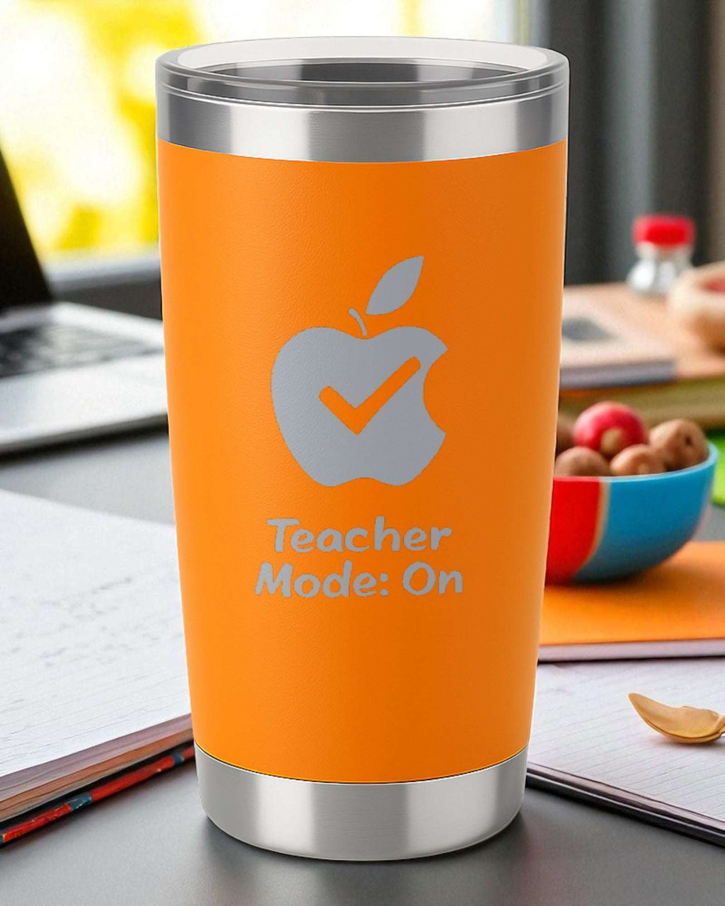 Orange 20oz engraved Teacher Mode On tumbler with clear lid, double-wall vacuum insulated and dishwasher safe, ideal teacher appreciation tumbler