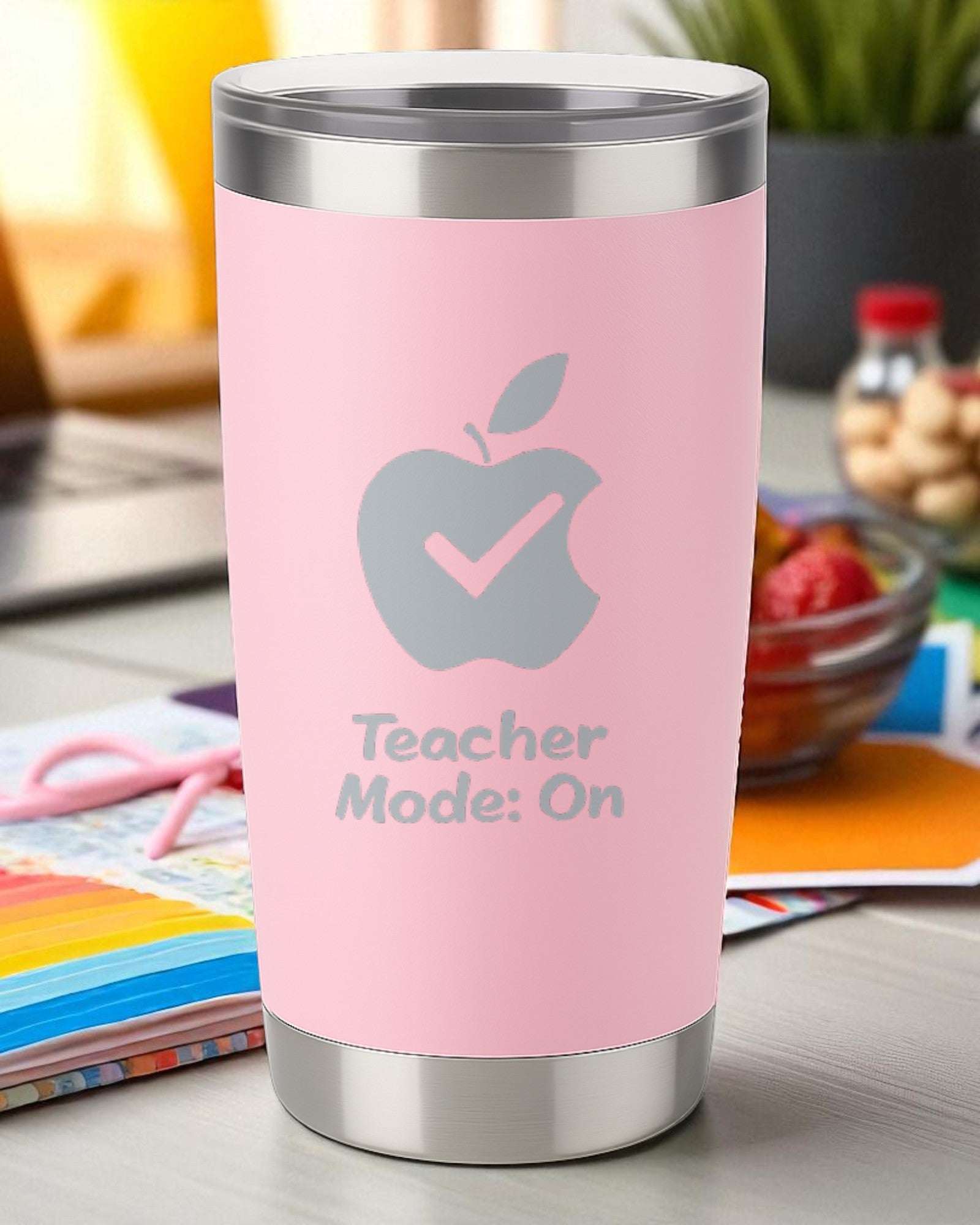 20oz pink engraved Teacher Mode On tumbler with clear lid, double-wall vacuum insulated and dishwasher safe, ideal teacher appreciation gift