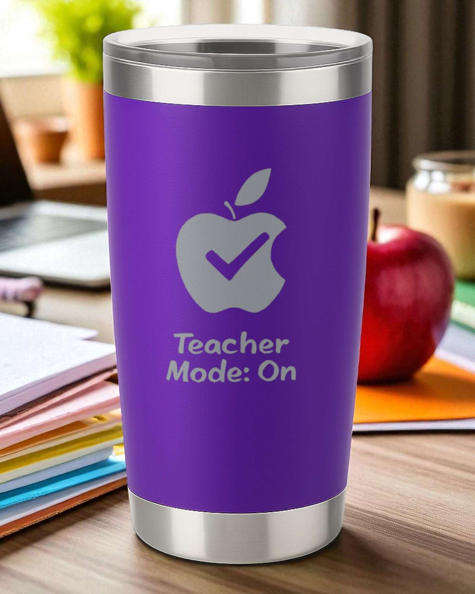 Purple 20oz engraved Teacher Mode On tumbler with double-wall insulation and clear lid, perfect teacher appreciation gift