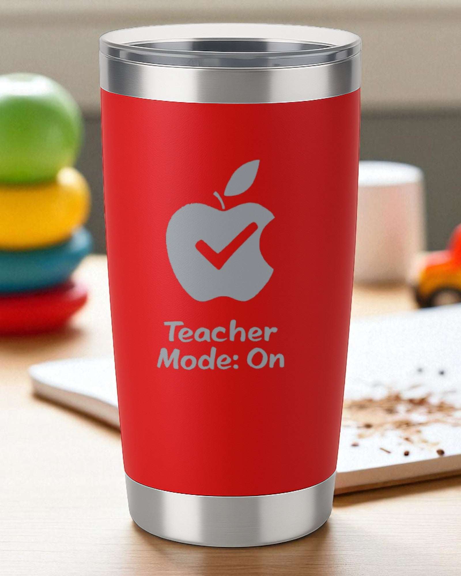Red 20oz engraved Teacher Appreciation Tumbler with "Teacher Mode: On" text and apple design, double-wall insulated, dishwasher safe.