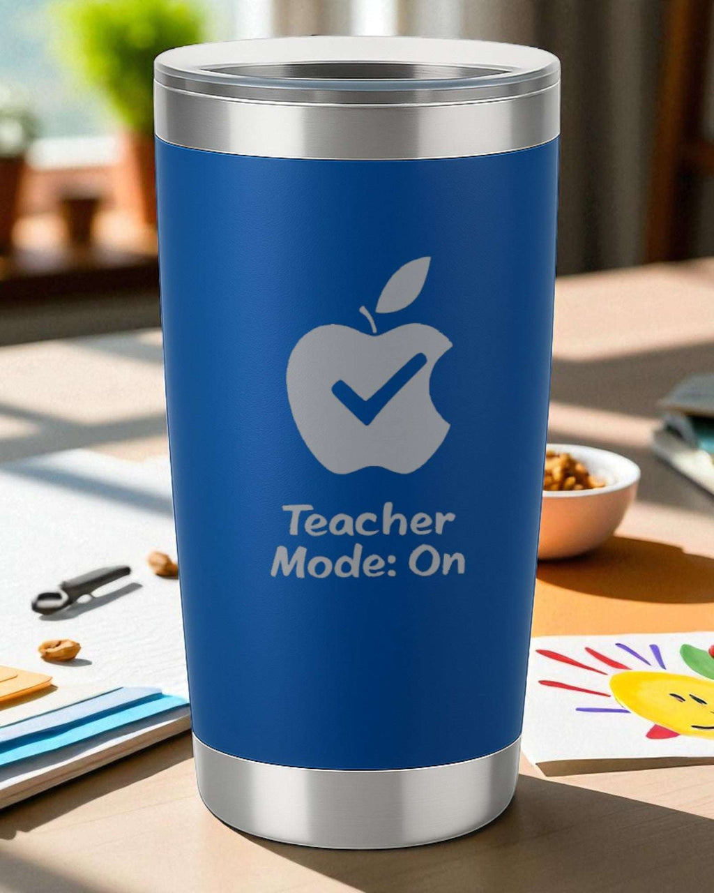 20oz blue engraved Teacher Mode On tumbler with clear lid, insulated and dishwasher safe, teacher appreciation tumbler gift.