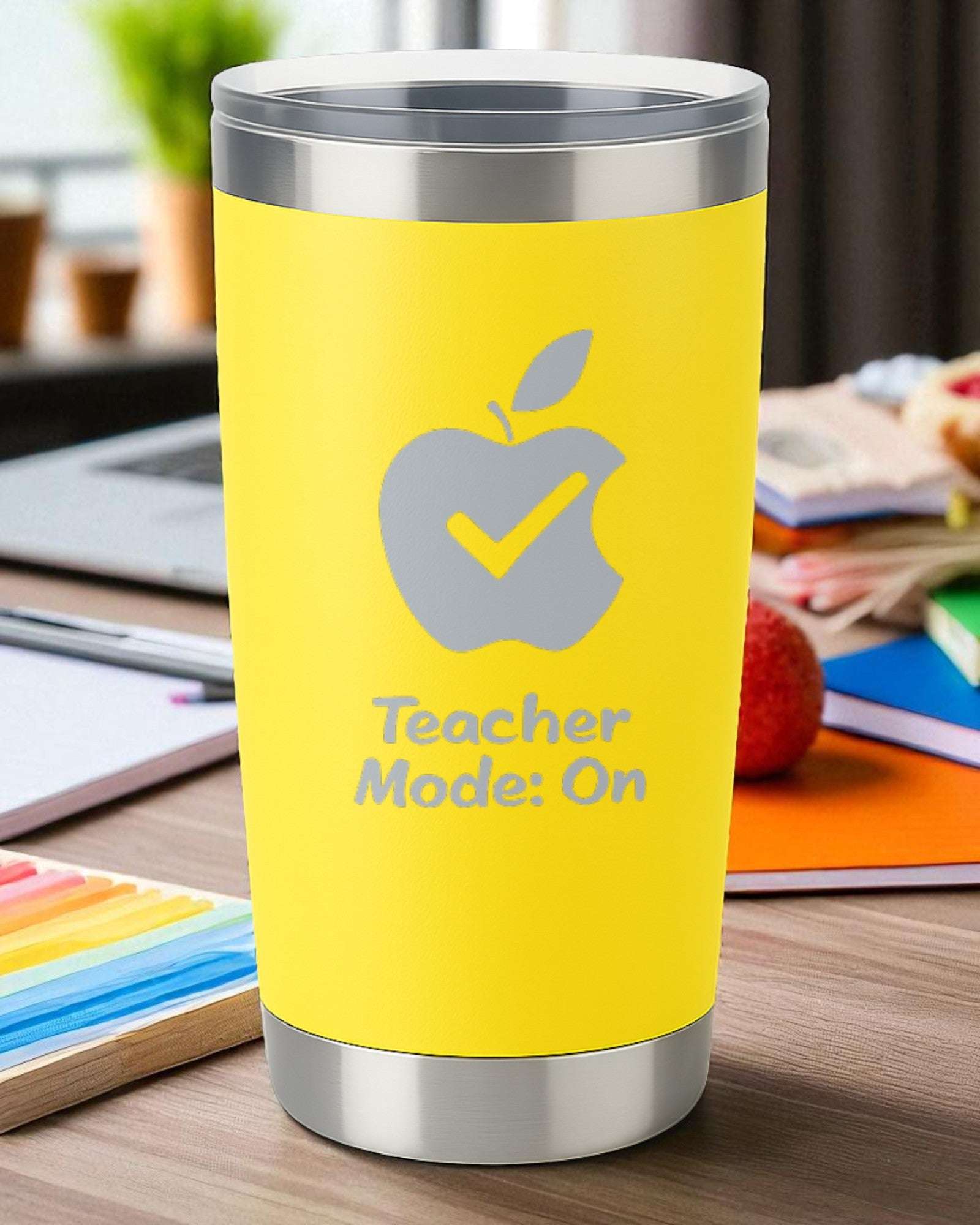 Yellow 20oz laser-engraved Teacher Mode On tumbler with clear lid for teacher appreciation gifts