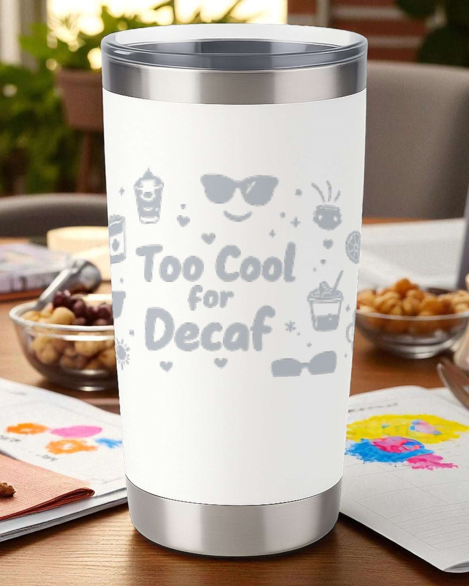 20oz white stainless steel insulated tumbler with "Too Cool for Decaf" laser-engraved design and clear lid on wooden table