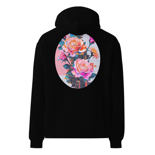 Unisex oversized black hoodie with pixelated glitch floral design of roses and daisies on the back, blending nature and digital art.